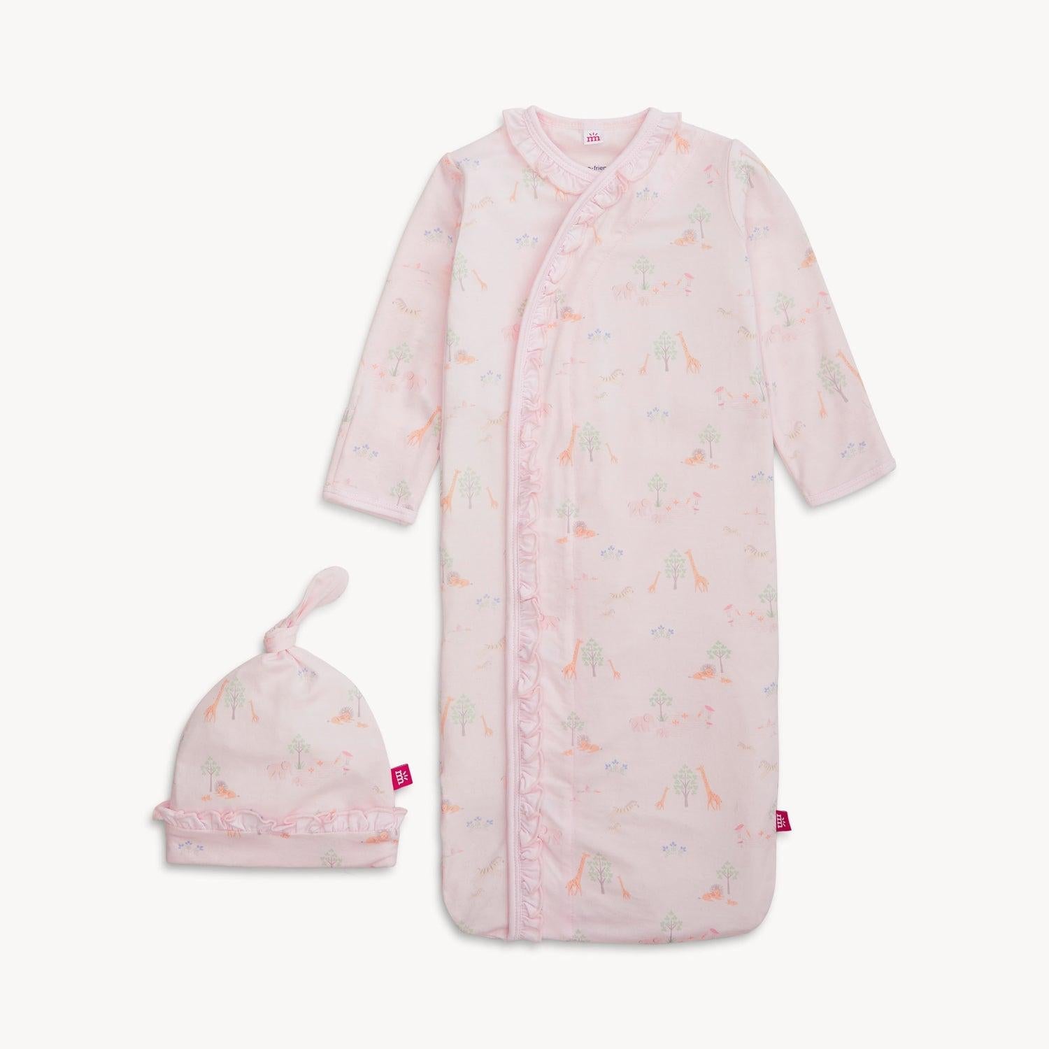 pink serene safari modal magnetic cozy sleeper gown + hat set with ruffles