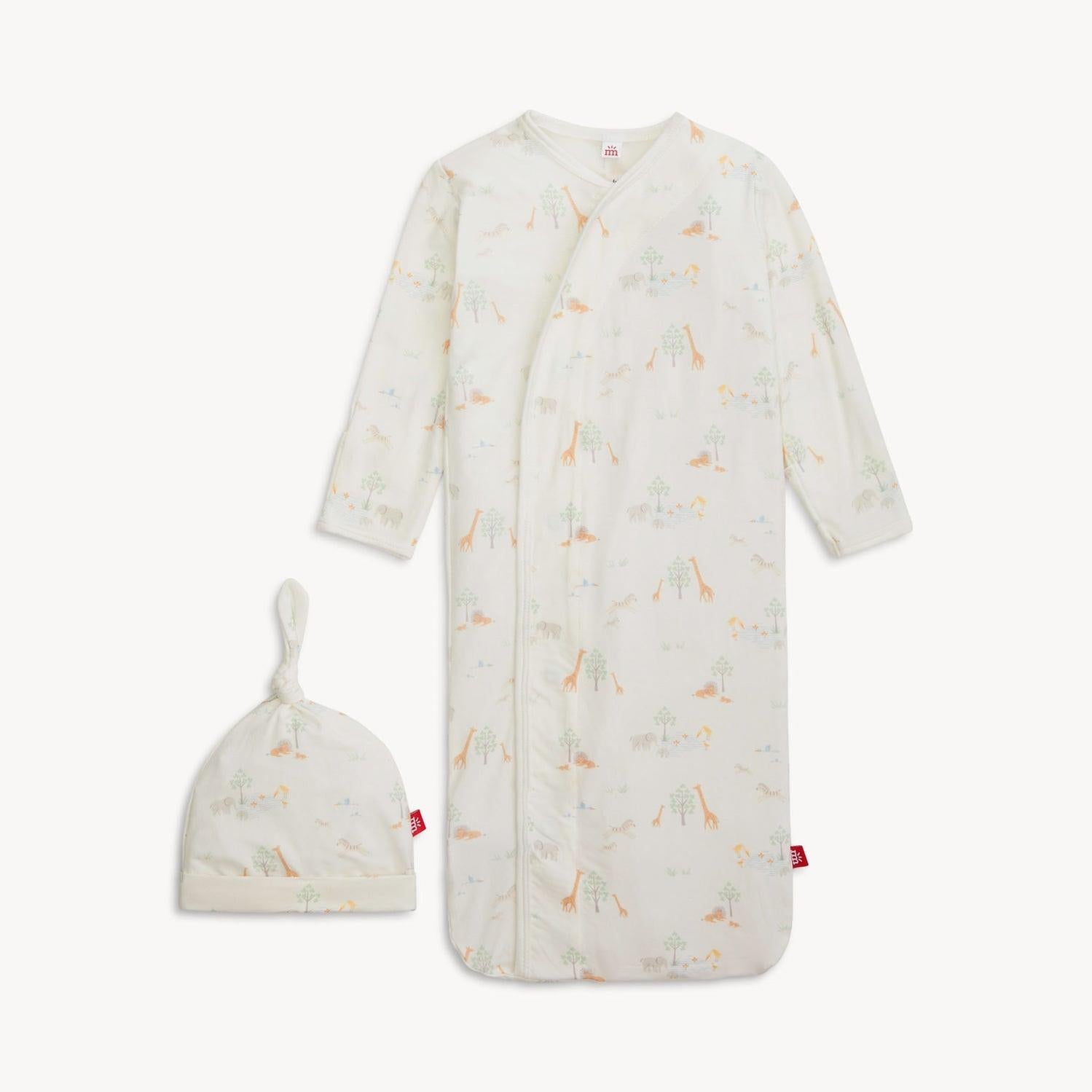 white serene safari modal magnetic cozy sleeper gown + hat set
