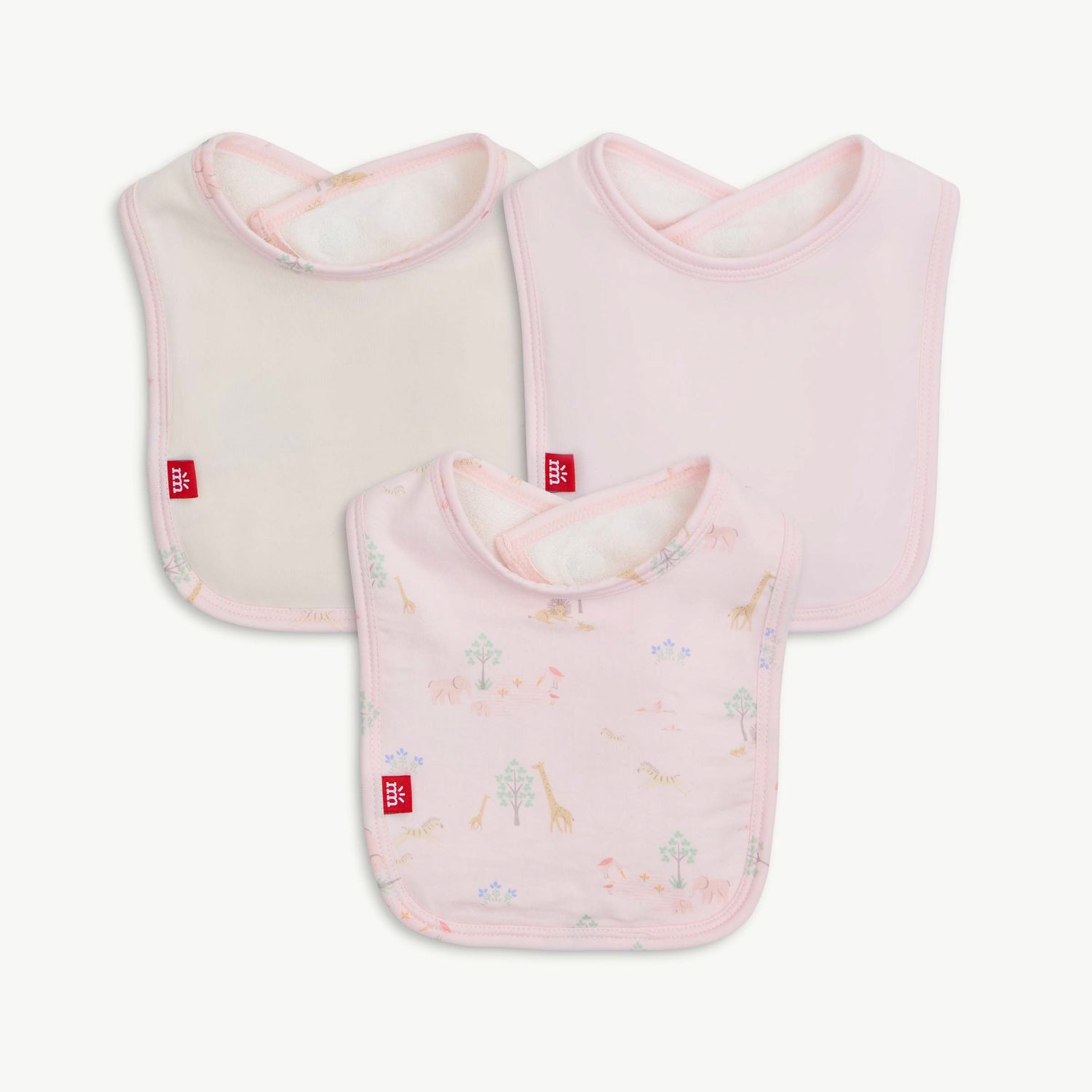 pink serene safari modal magnetic stay dry infant bib 3-pack