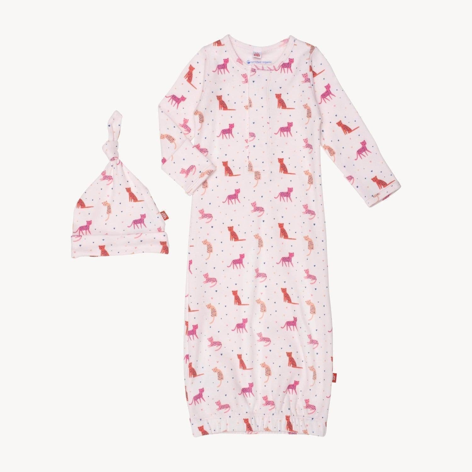 cheetah bonita organic cotton magnetic cozy sleeper gown + hat set - re-loved