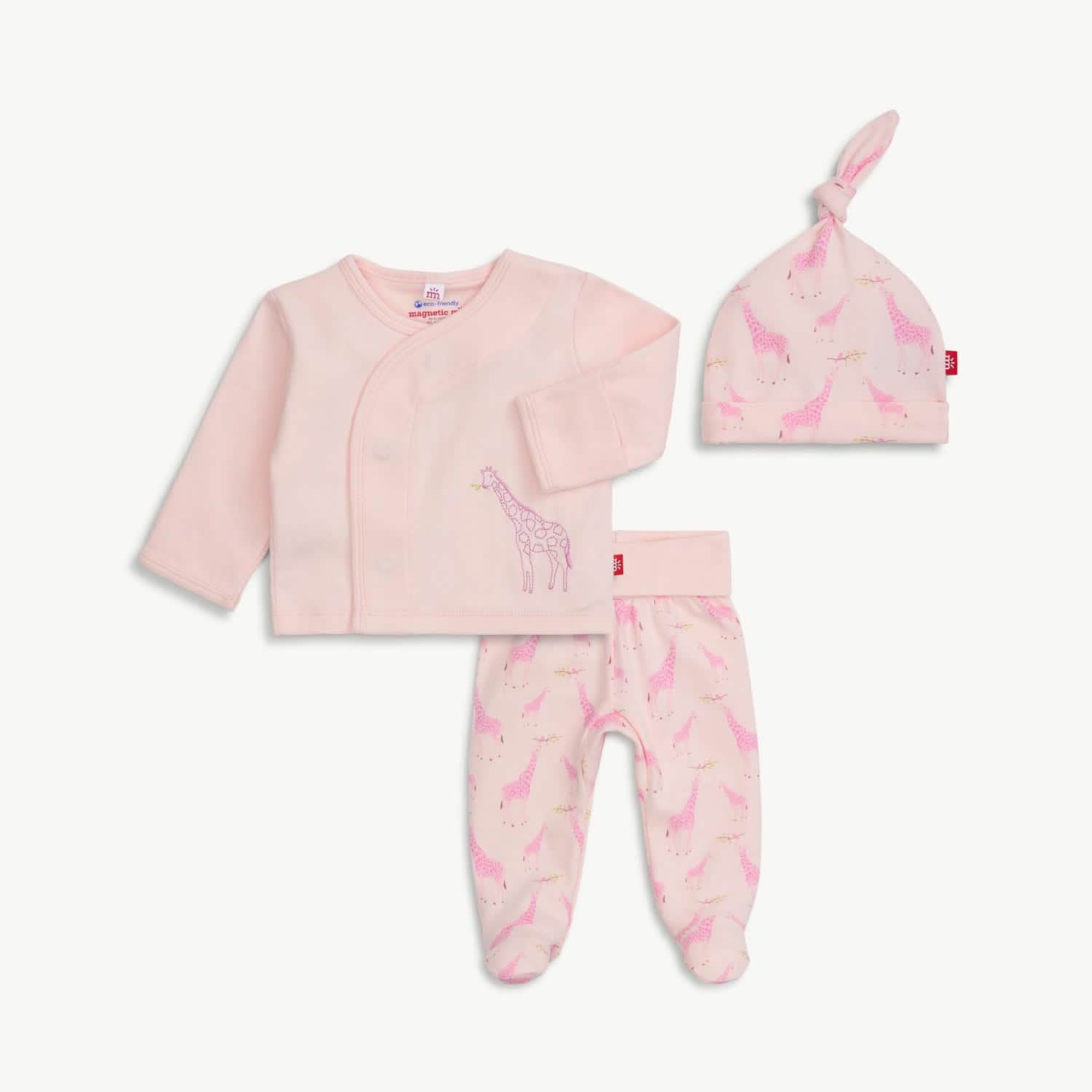 pink jolie giraffe organic cotton magnetic take-me-home kimono set - re-loved