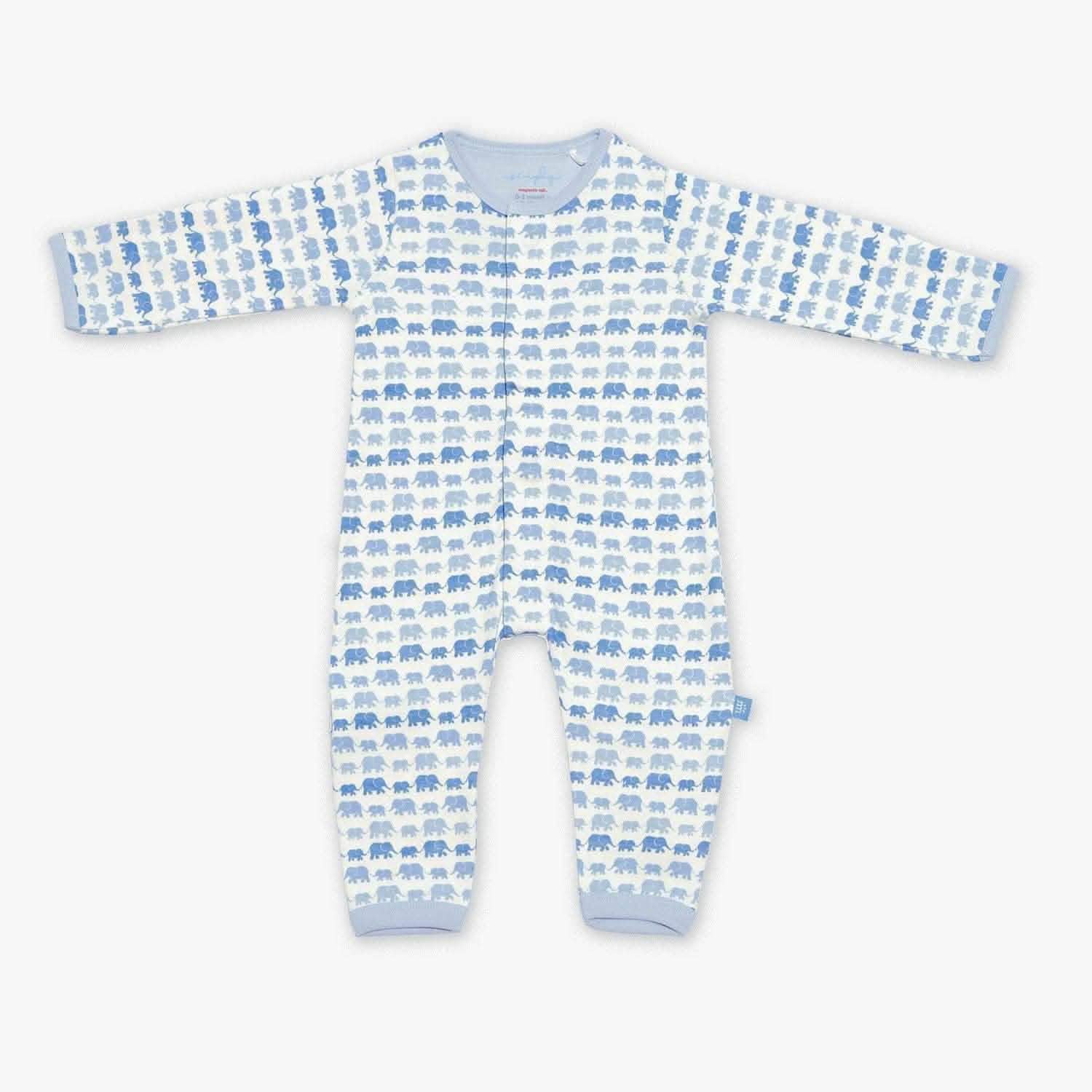 blue dancing elephants organic cotton magnetic coverall - re-loved