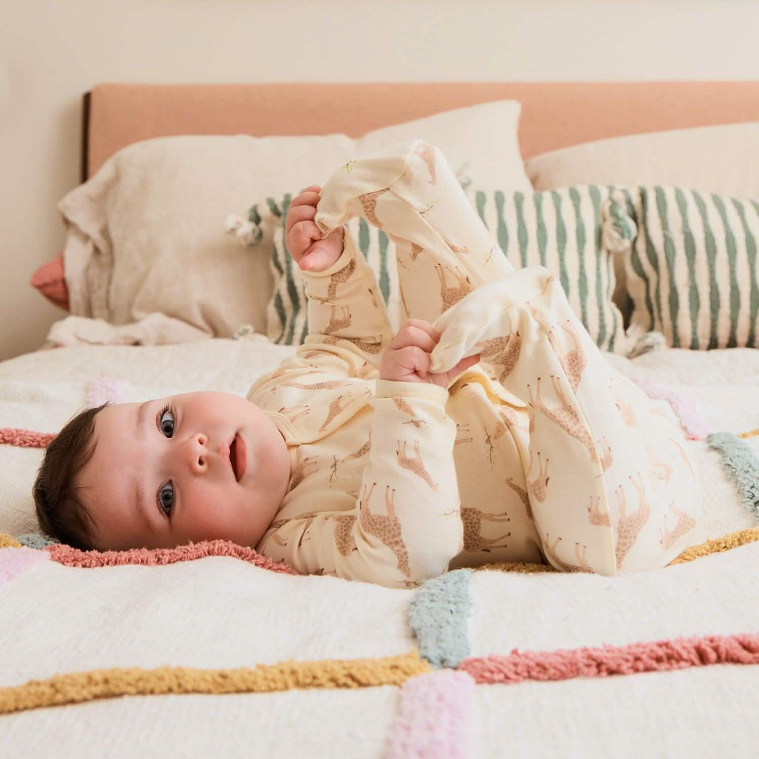 cream jolie giraffe organic cotton magnetic parent favorite footie
