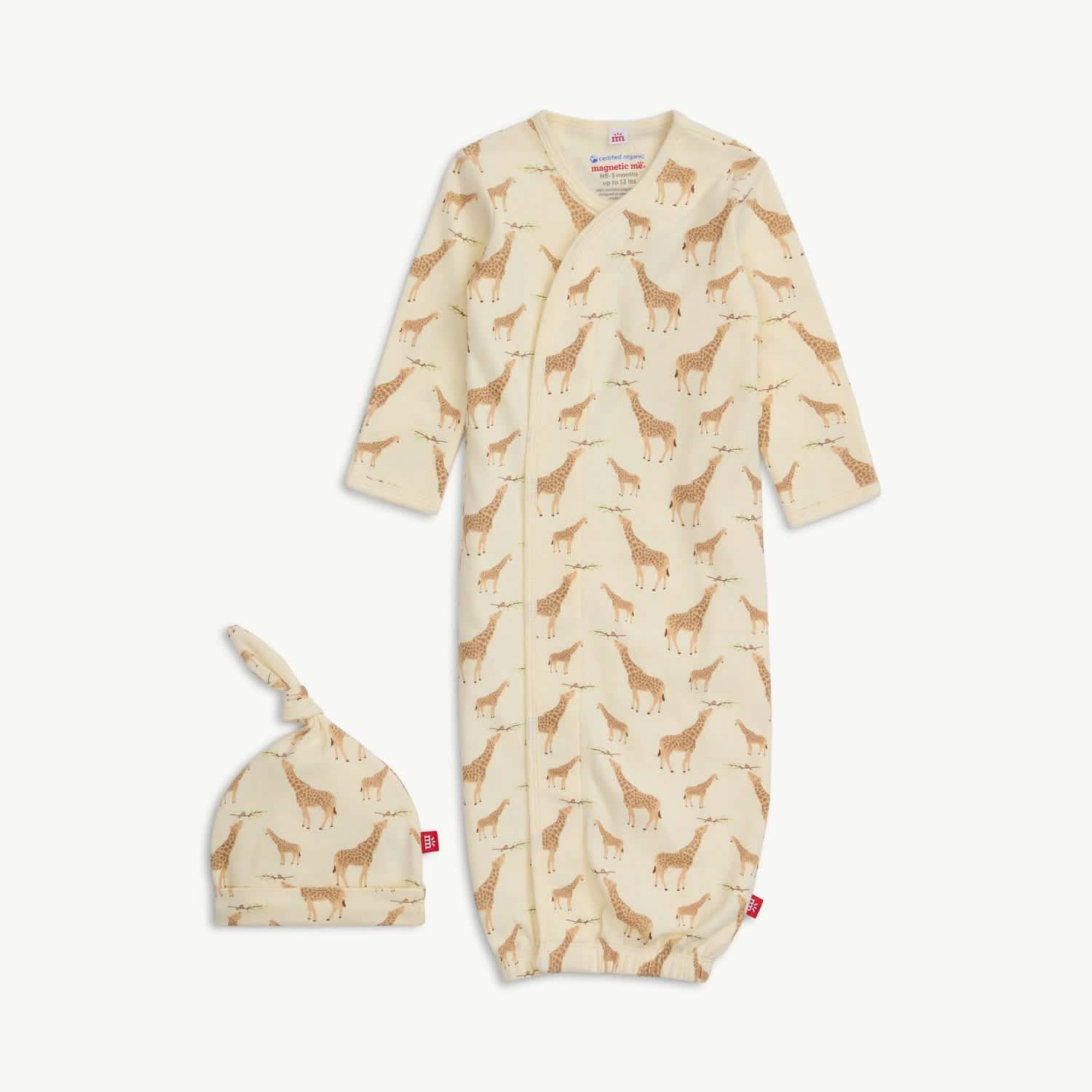 cream jolie giraffe organic cotton magnetic open bottom gown + hat set