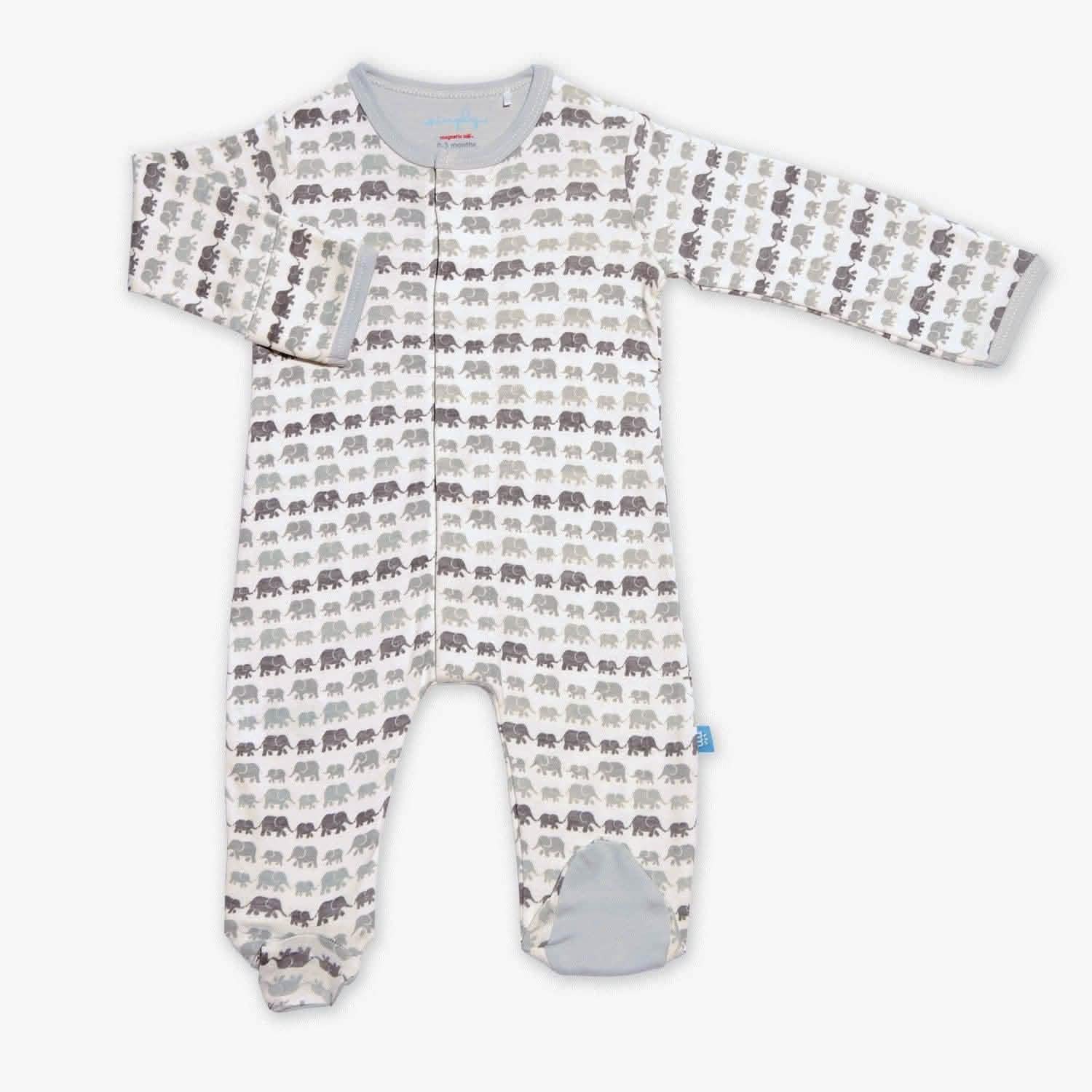 gray dancing elephants organic cotton magnetic footie