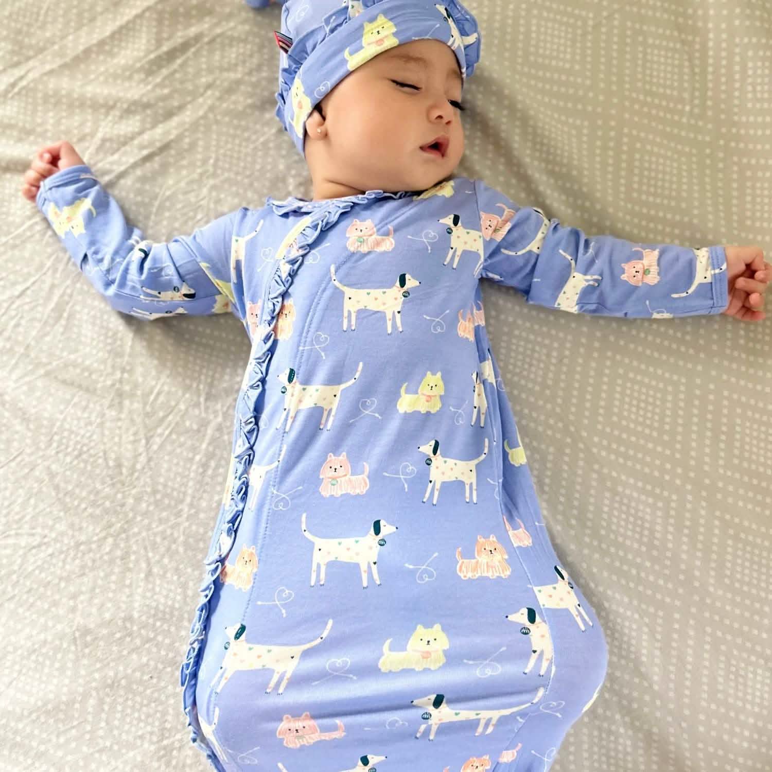 leash on life modal magnetic cozy sleeper gown + hat set with ruffles