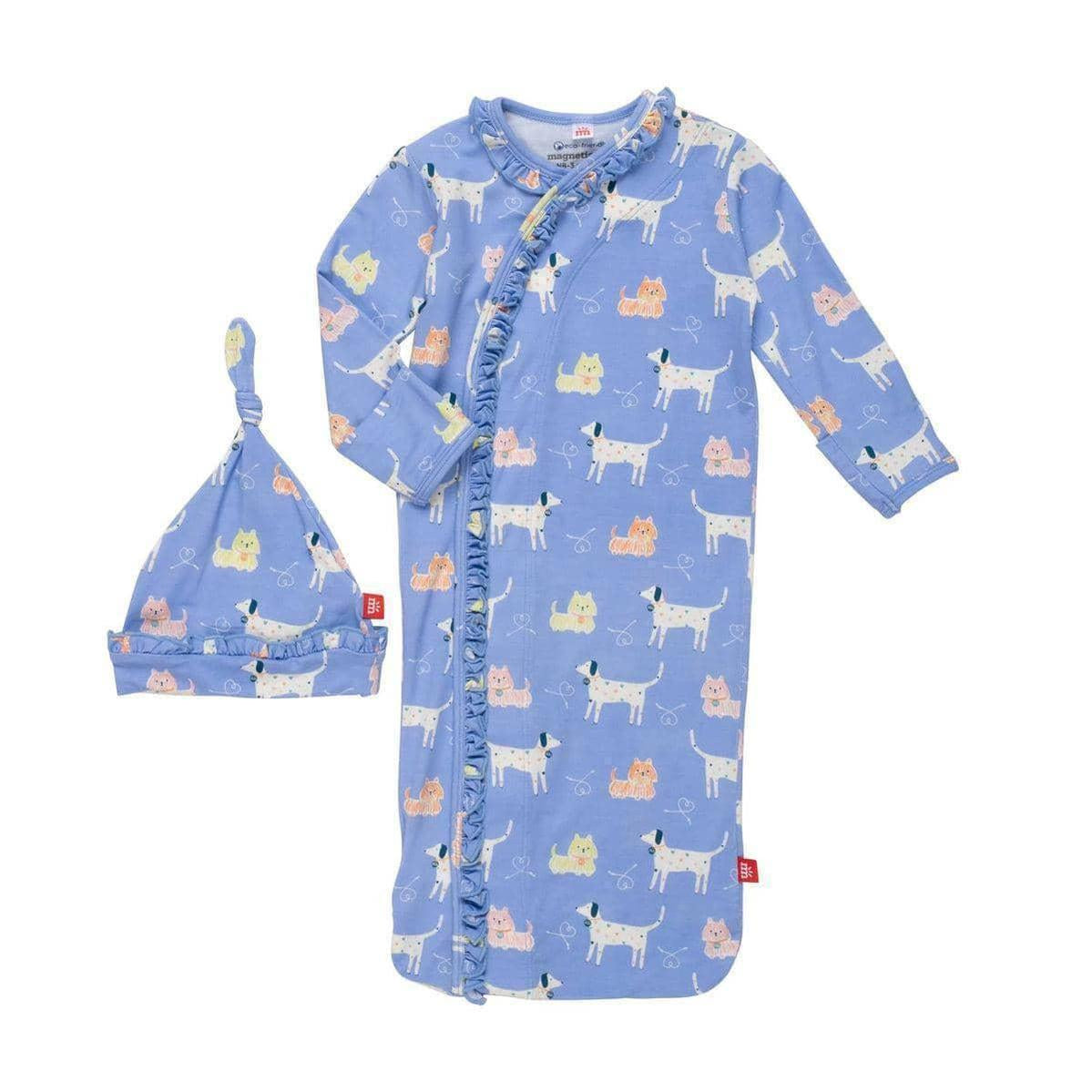 leash on life modal magnetic cozy sleeper gown + hat set with ruffles