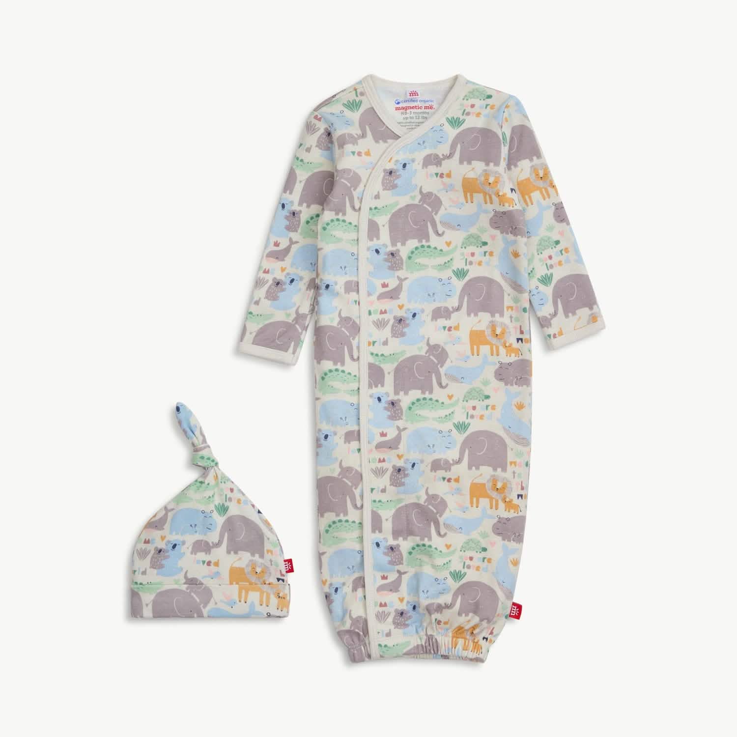 little lovin organic cotton magnetic open bottom gown + hat set
