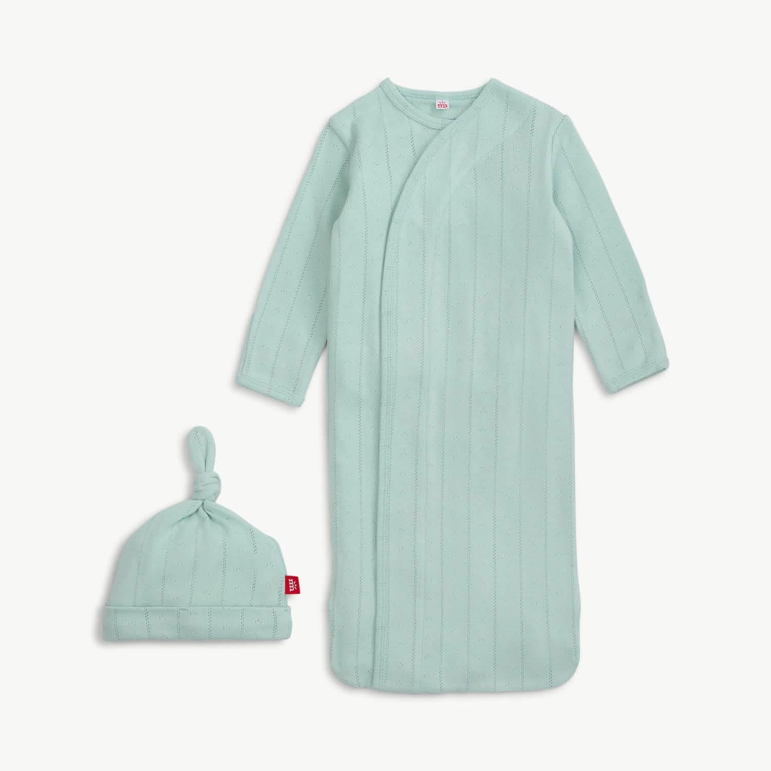 love lines seagrass organic cotton pointelle magnetic cozy sleeper gown + hat set