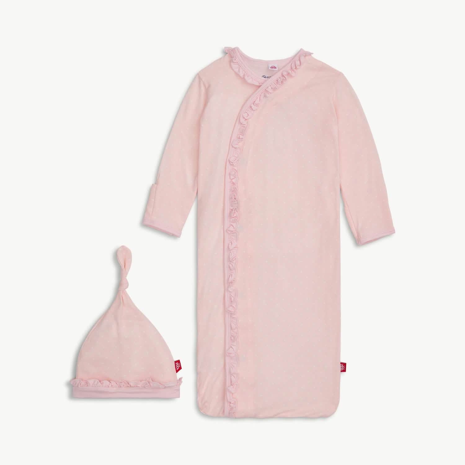 pin dot pink modal magnetic cozy sleeper gown + hat set with ruffles