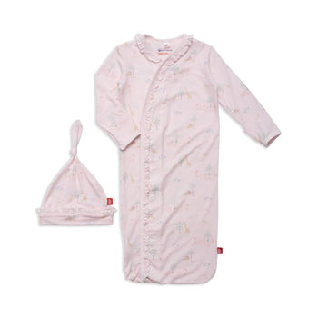 pink serene safari modal magnetic cozy sleeper gown + hat set with ruffles