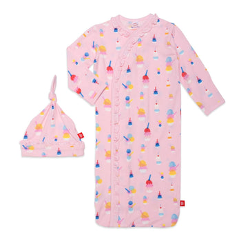 pink sundae funday modal magnetic cozy sleeper gown + hat set with ruffles