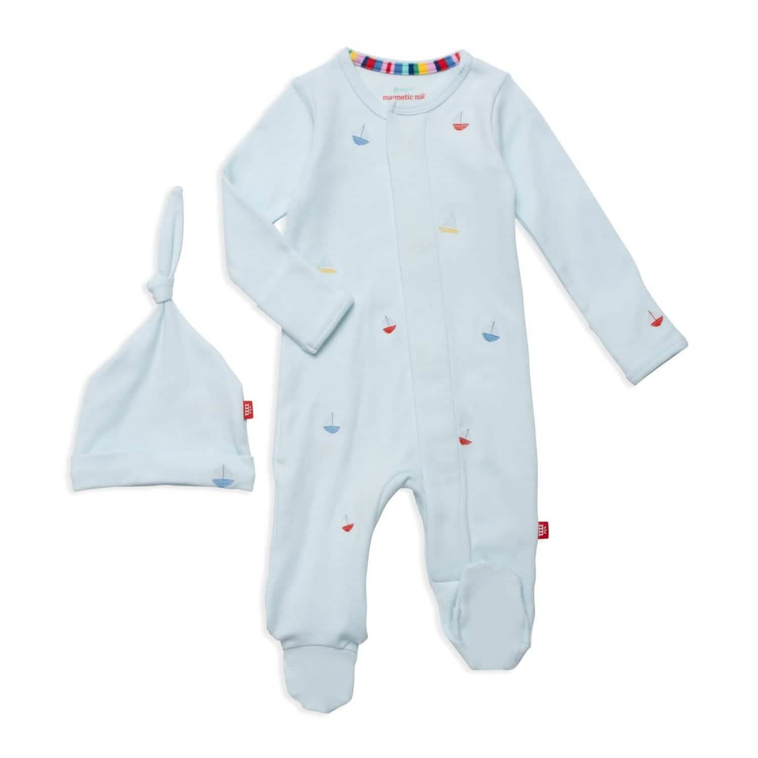 sail-ebrate good times organic cotton magnetic parent favorite footie + hat set
