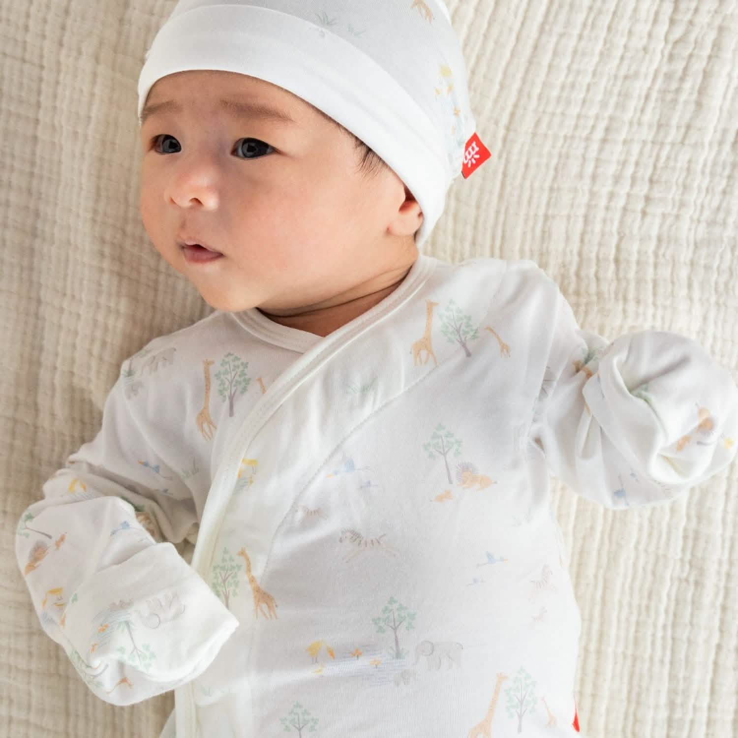white serene safari modal magnetic cozy sleeper gown + hat set