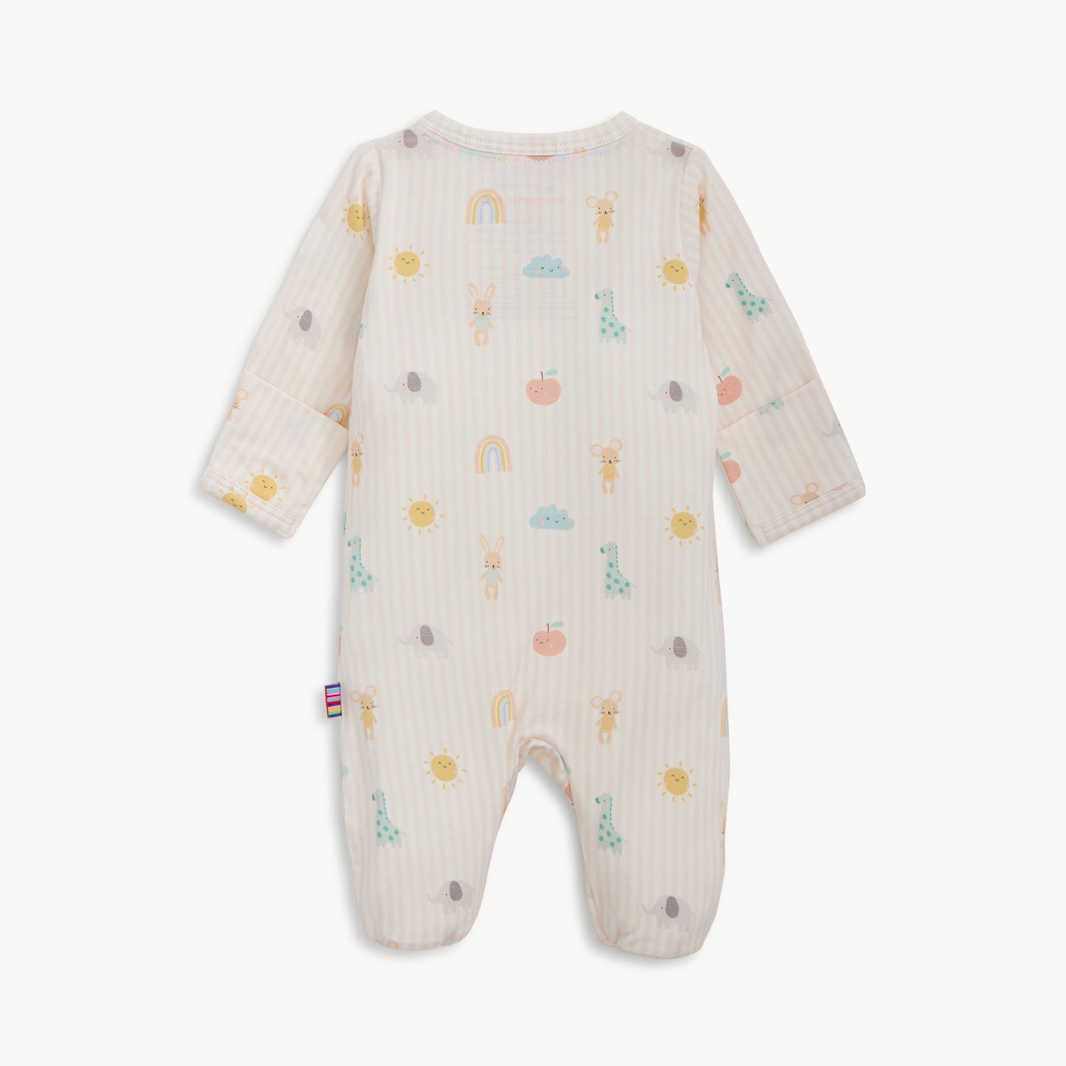 Back of A long-sleeved footie featuring a pink and white striped print with assorted pastel animals and a hidden magnetic closure for easy changes, by Magnetic Me.