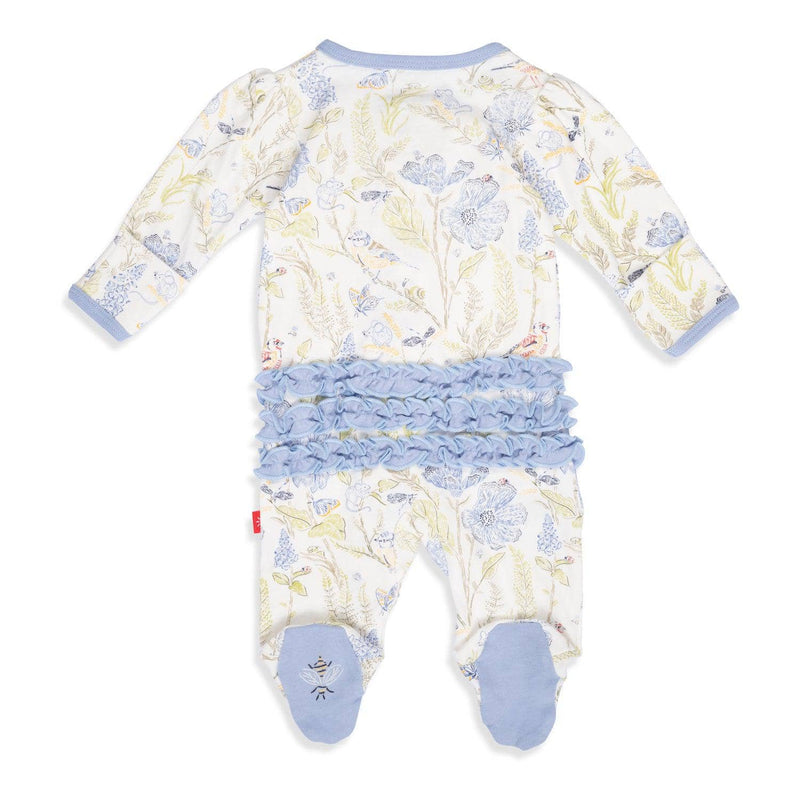 blue blossom organic cotton ruffle magnetic parent favorite footie - re-loved