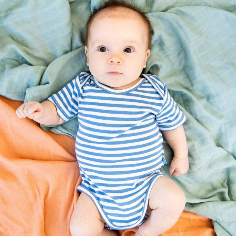 blue and white yarn-dye stripe organic cotton magnetic bodysuit - re-loved