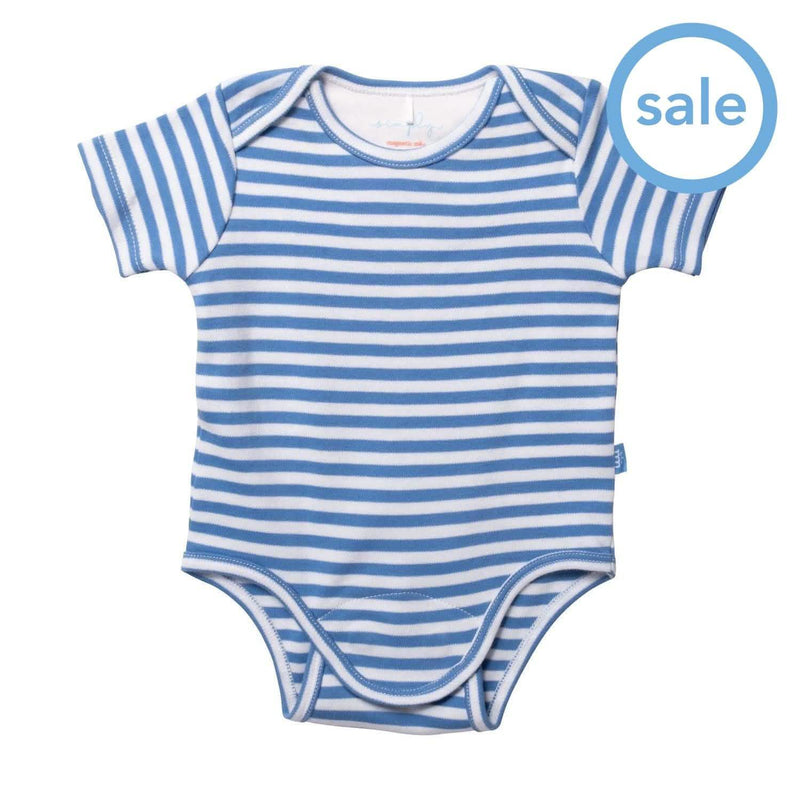 blue and white yarn-dye stripe organic cotton magnetic bodysuit - re-loved