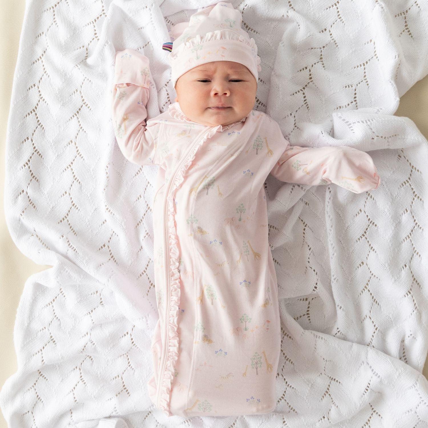 pink serene safari modal magnetic cozy sleeper gown + hat set with ruffles - re-loved