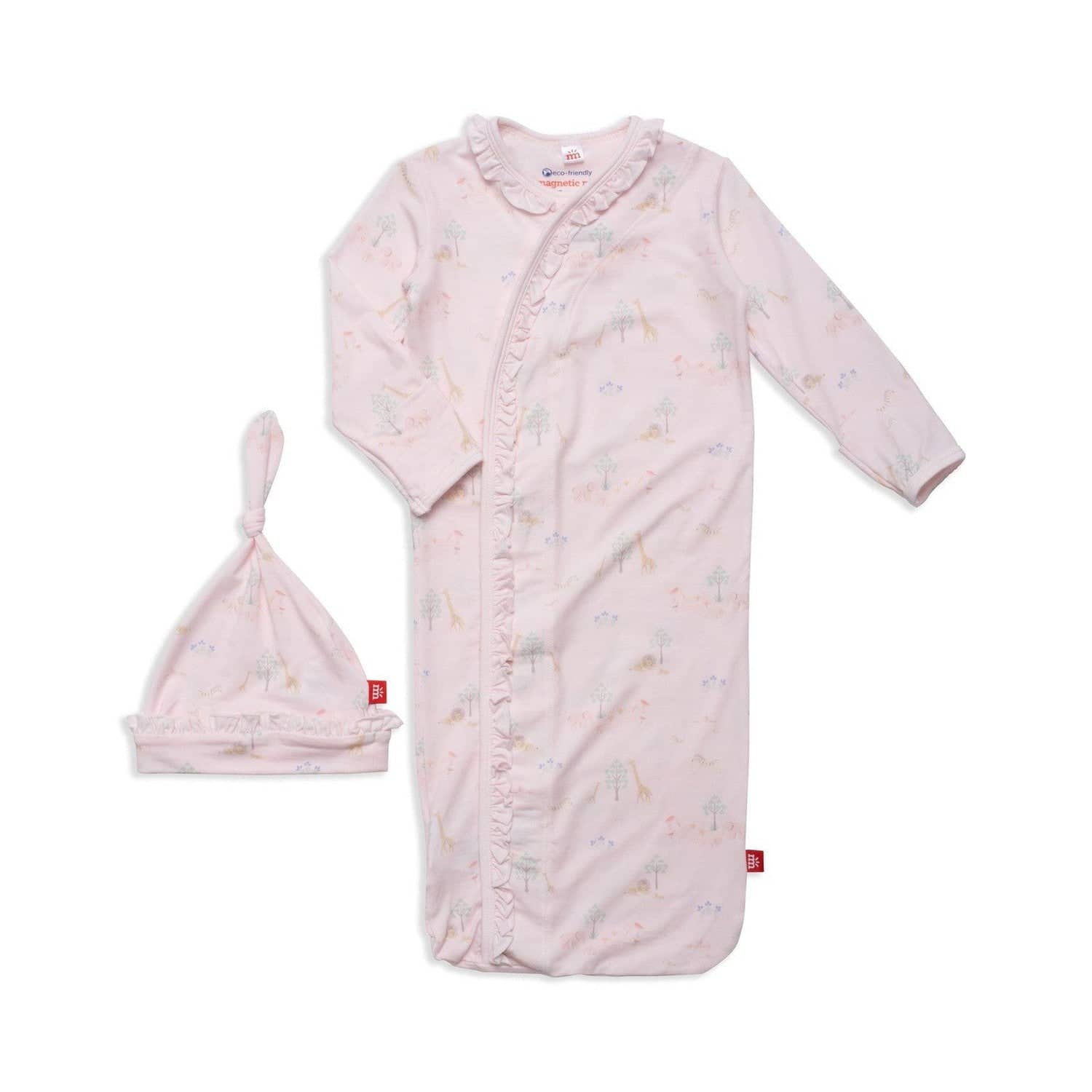 pink serene safari modal magnetic cozy sleeper gown + hat set with ruffles - re-loved