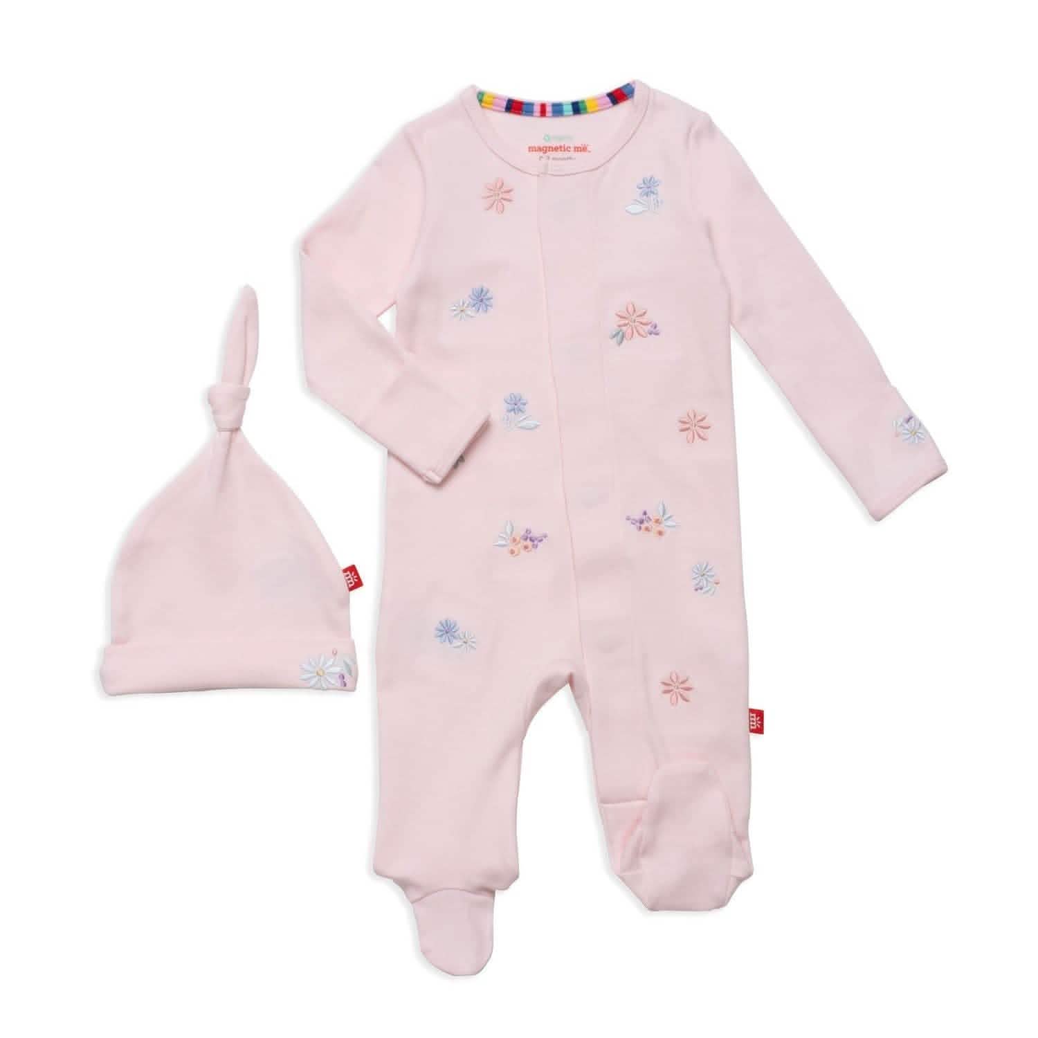 forget me not organic cotton magnetic parent favorite footie + hat set - re-loved