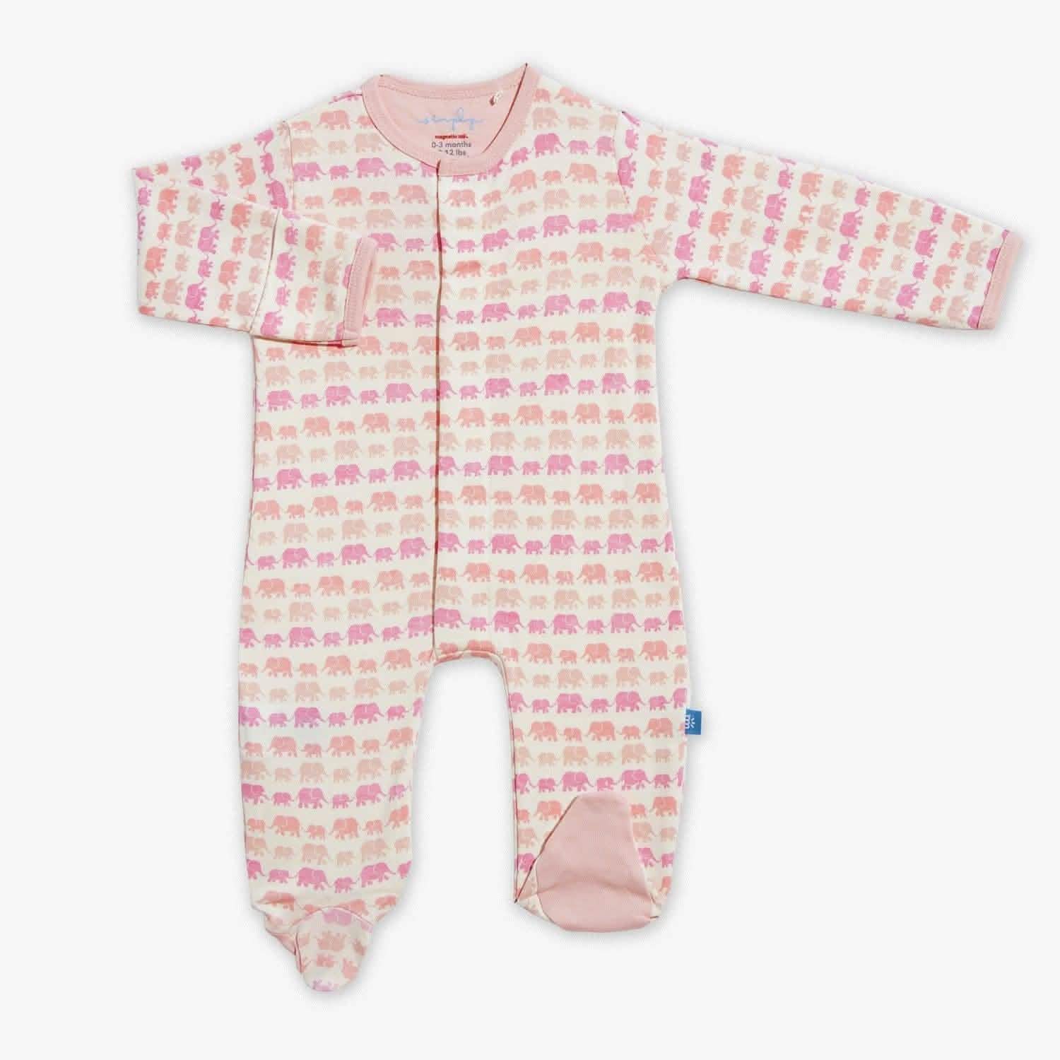 pink dancing elephants organic cotton magnetic parent favorite footie - re-loved