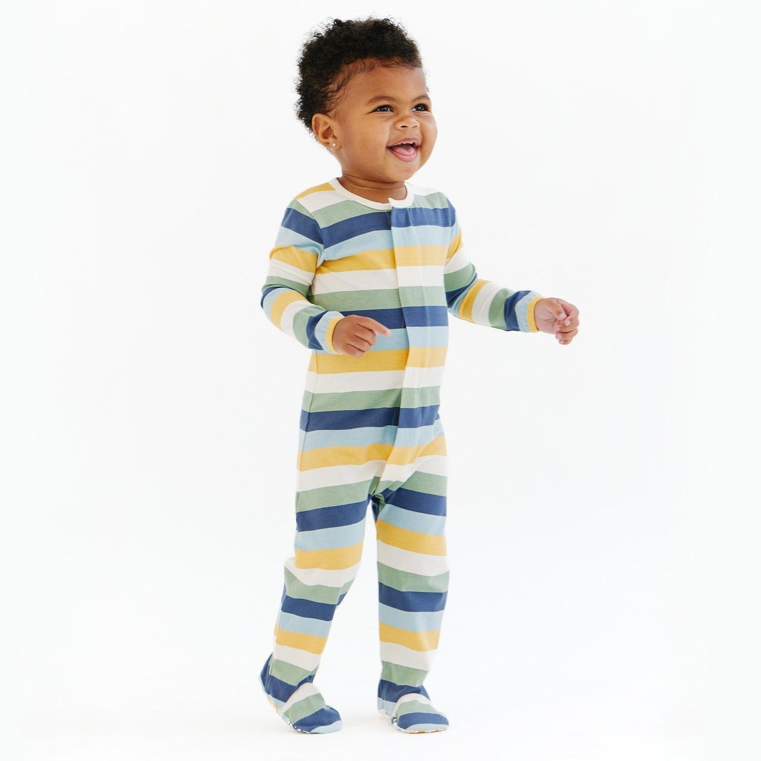 big multi stripe blue cloudstretch™ magnetic convertible coverall - re-loved