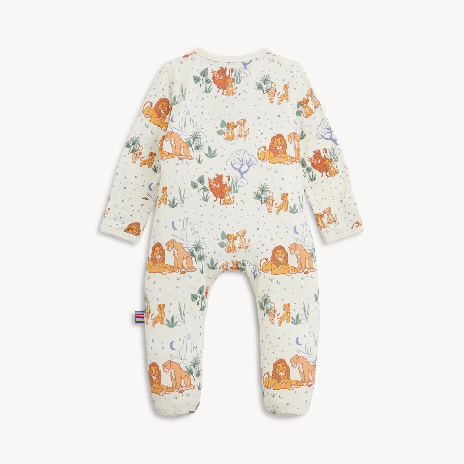 Back of A cream-colored footie featuring an all-over Disney Lion King print with Mufasa, Sarabi, and Simba, plus a digital print of a smiling baby Simba on the left foot by Magnetic Me.