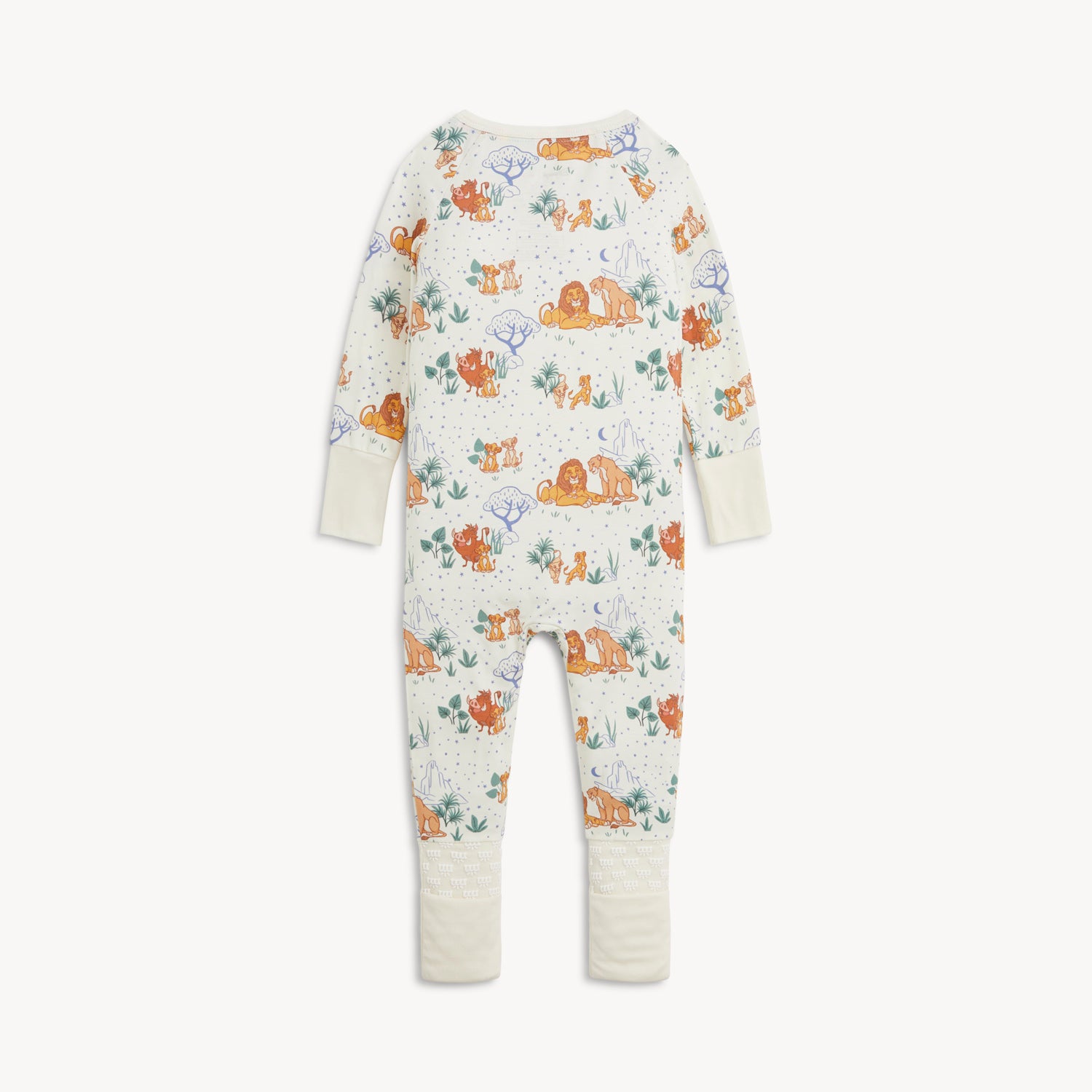 Back of A cream-colored long-sleeve coverall featuring a repeating pattern of Disney Pumbaa, Simba, and Nala among savanna trees and blue stars by Magnetic Me.