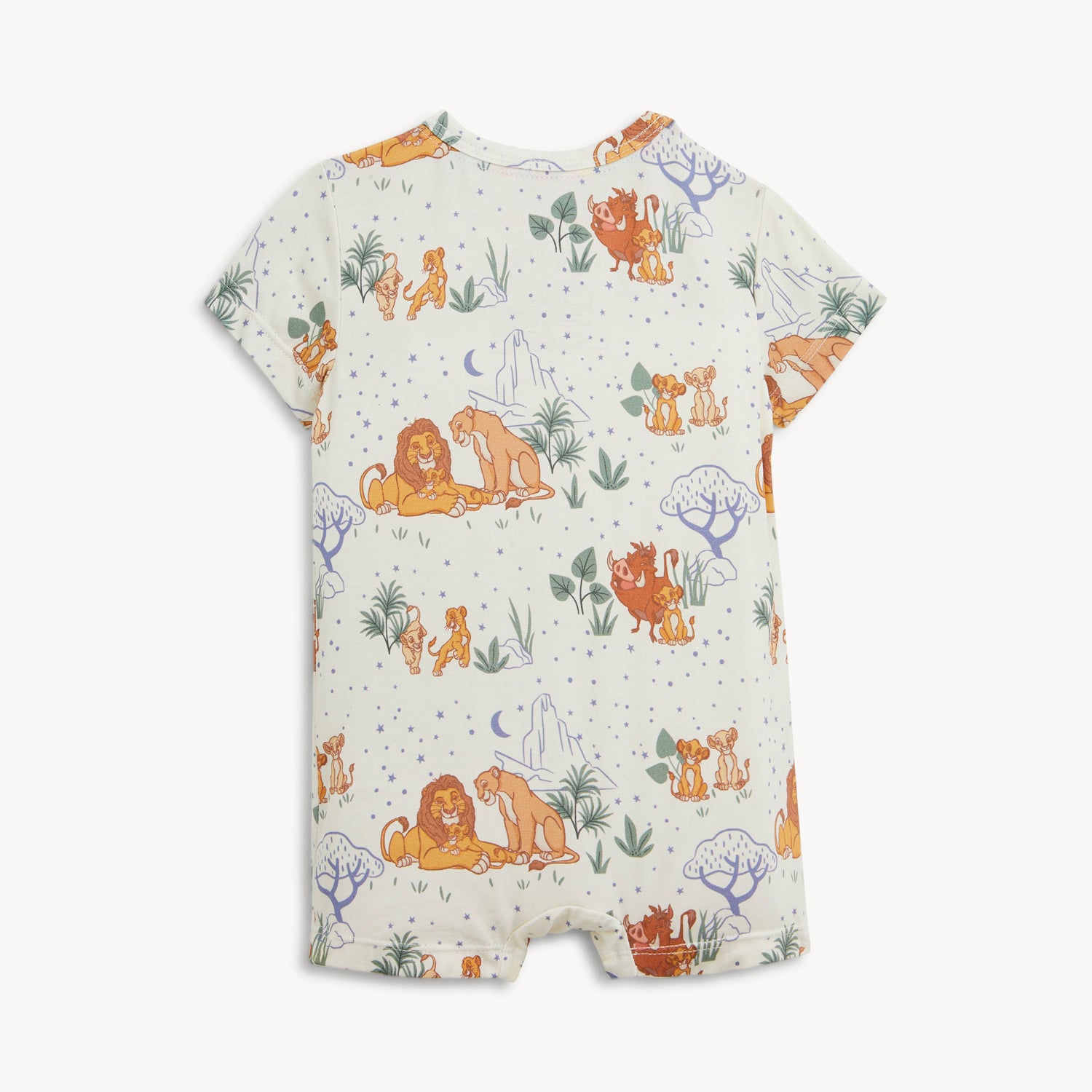 Back of A cream-colored short-sleeve romper by featuring two front pockets and an all-over Disney Lion King print with Simba, Pumbaa, and Mufasa's family amidst savanna scenery and blue stars, by Magnetic Me.