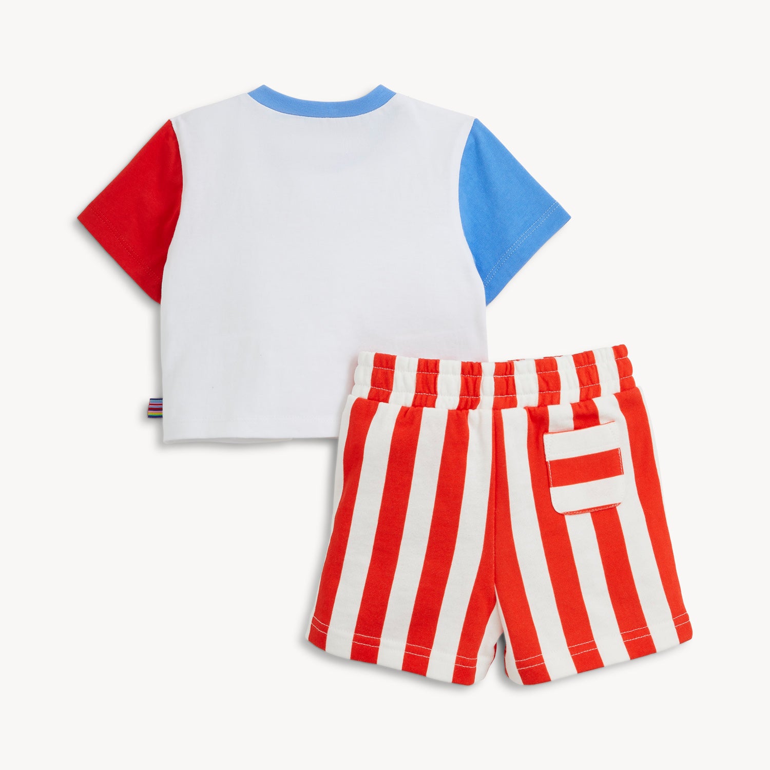 Back of the sporty set features a color-block tee with a lobster playing tennis and coordinating red-and-white striped French terry shorts by Magnetic Me.