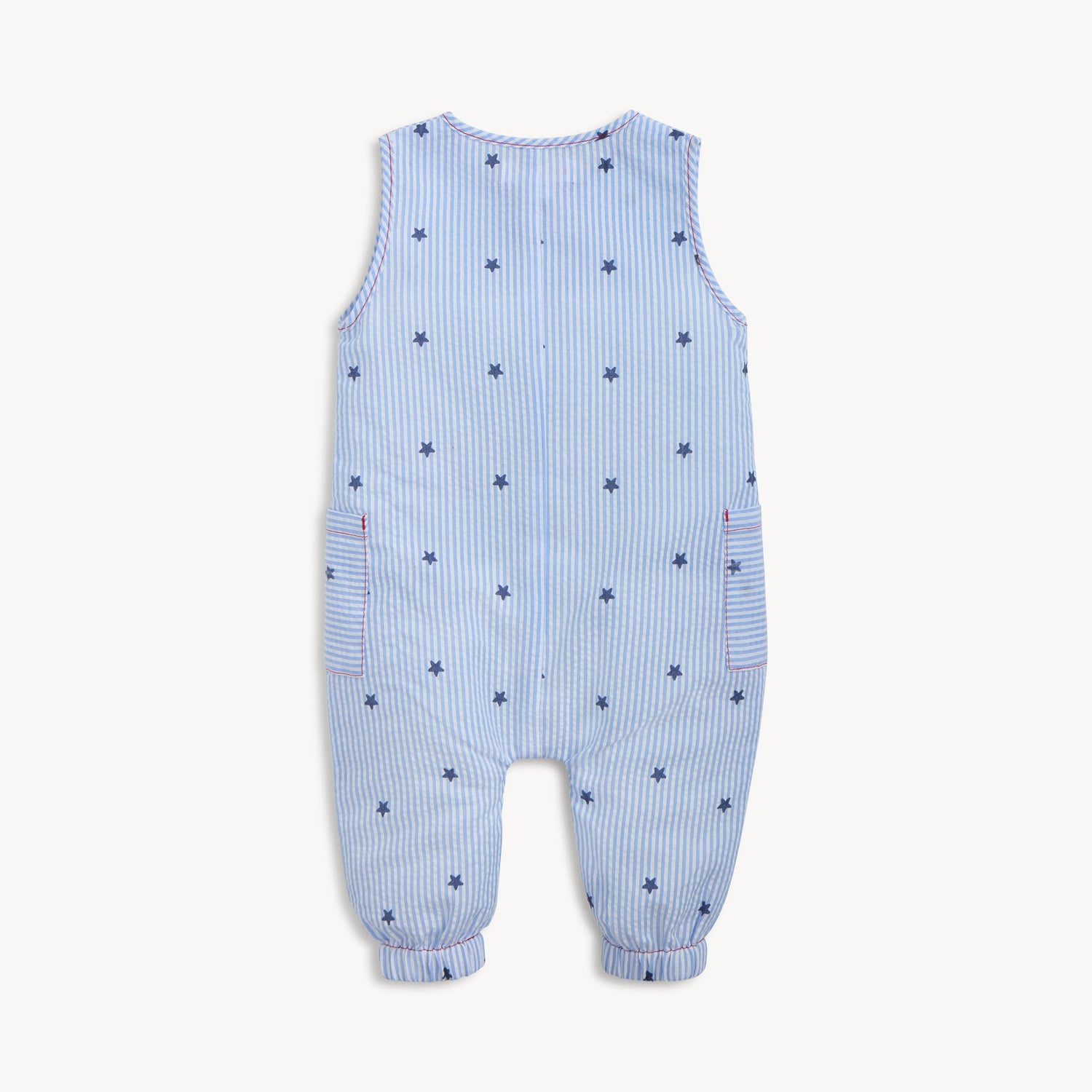 Back of A light blue and white striped seersucker sleeveless romper featuring navy star print, wood-look buttons, and front pockets, by Magnetic Me.