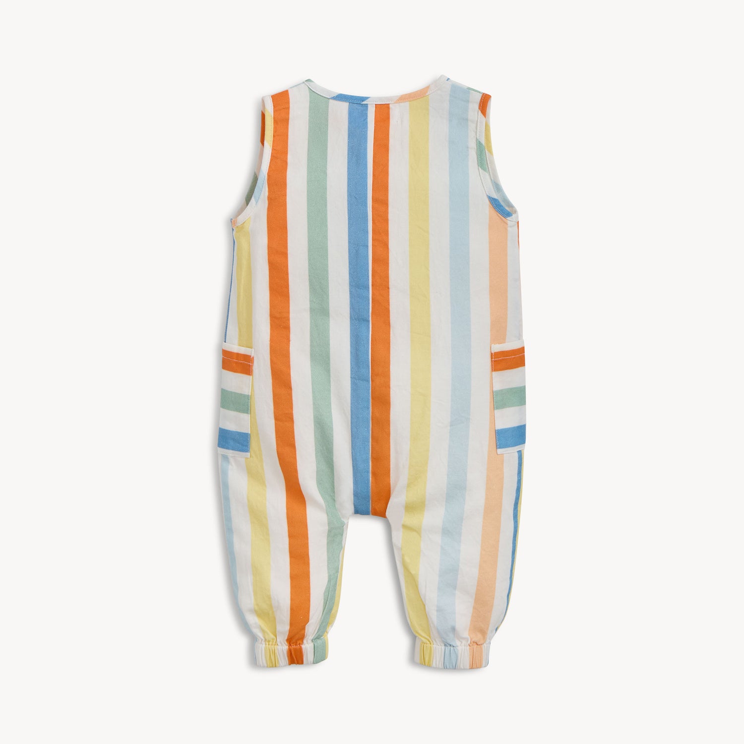 Back of A sleeveless, full-length romper featuring vertical stripes, two horizontal-striped front pockets, and a center placket with wood-style buttons by Magnetic Me.