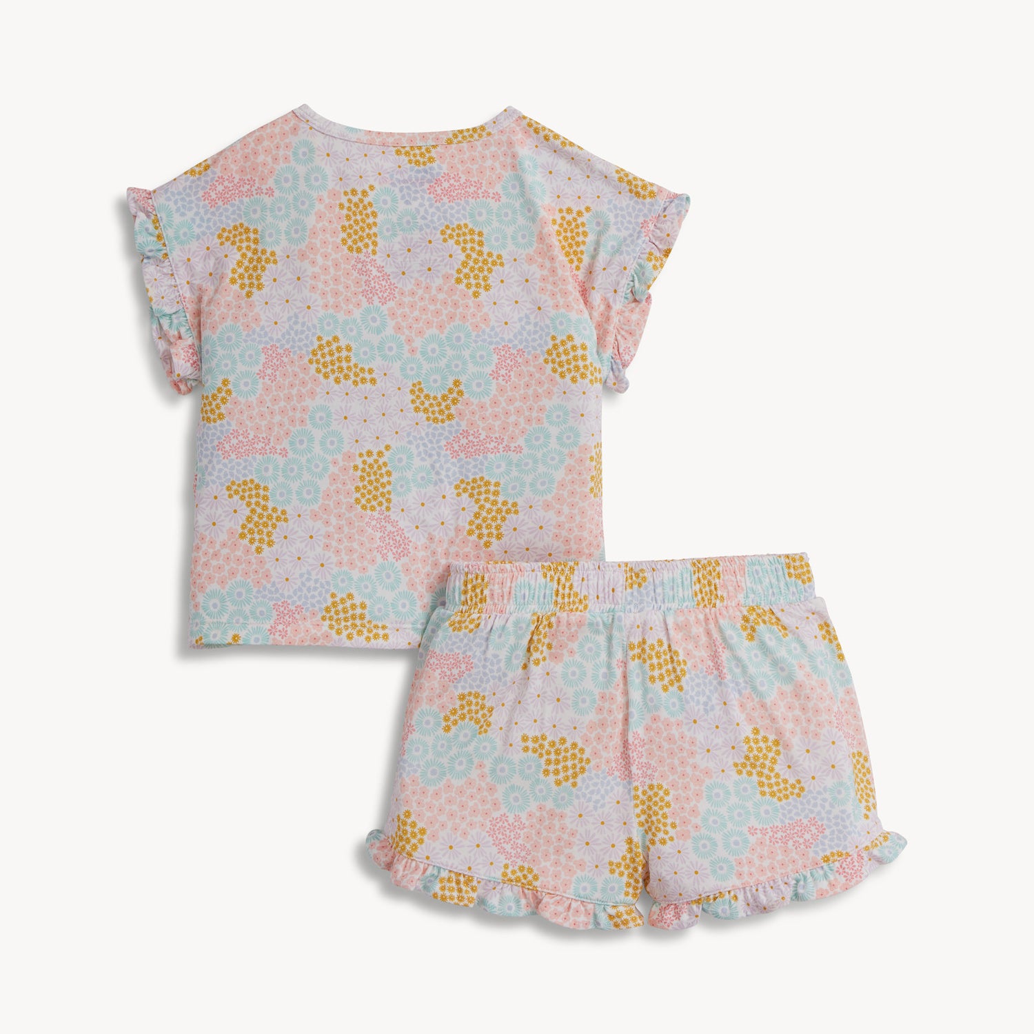 Back of A child short set including a ruffle-sleeve top and matching ruffled shorts in a colorful pastel floral print with pink and gold accents, by Magnetic Me.