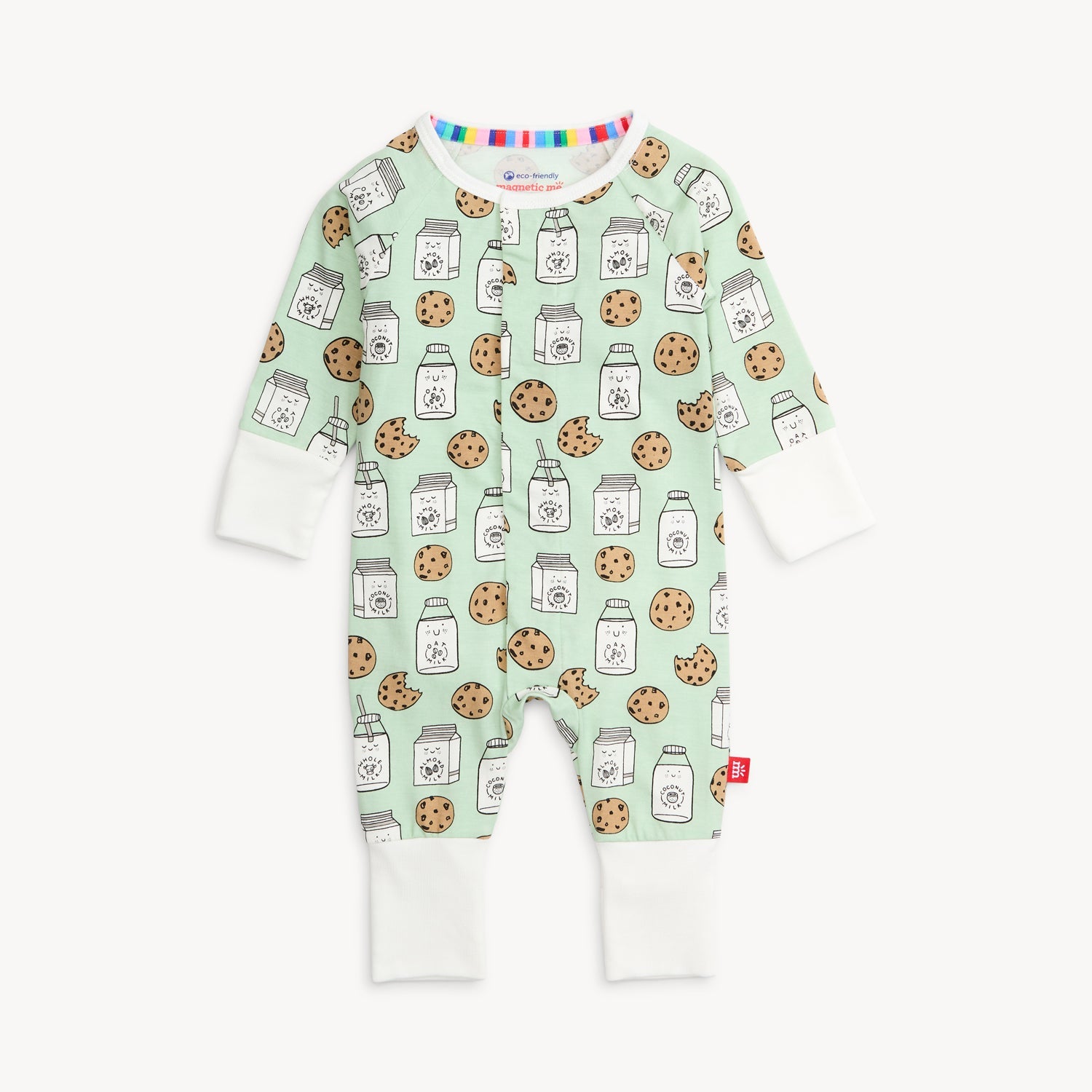 A mint green long-sleeve convertible coverall with foldable cuffs featuring an all-over print of milk containers and chocolate chip cookies, by Magnetic Me.