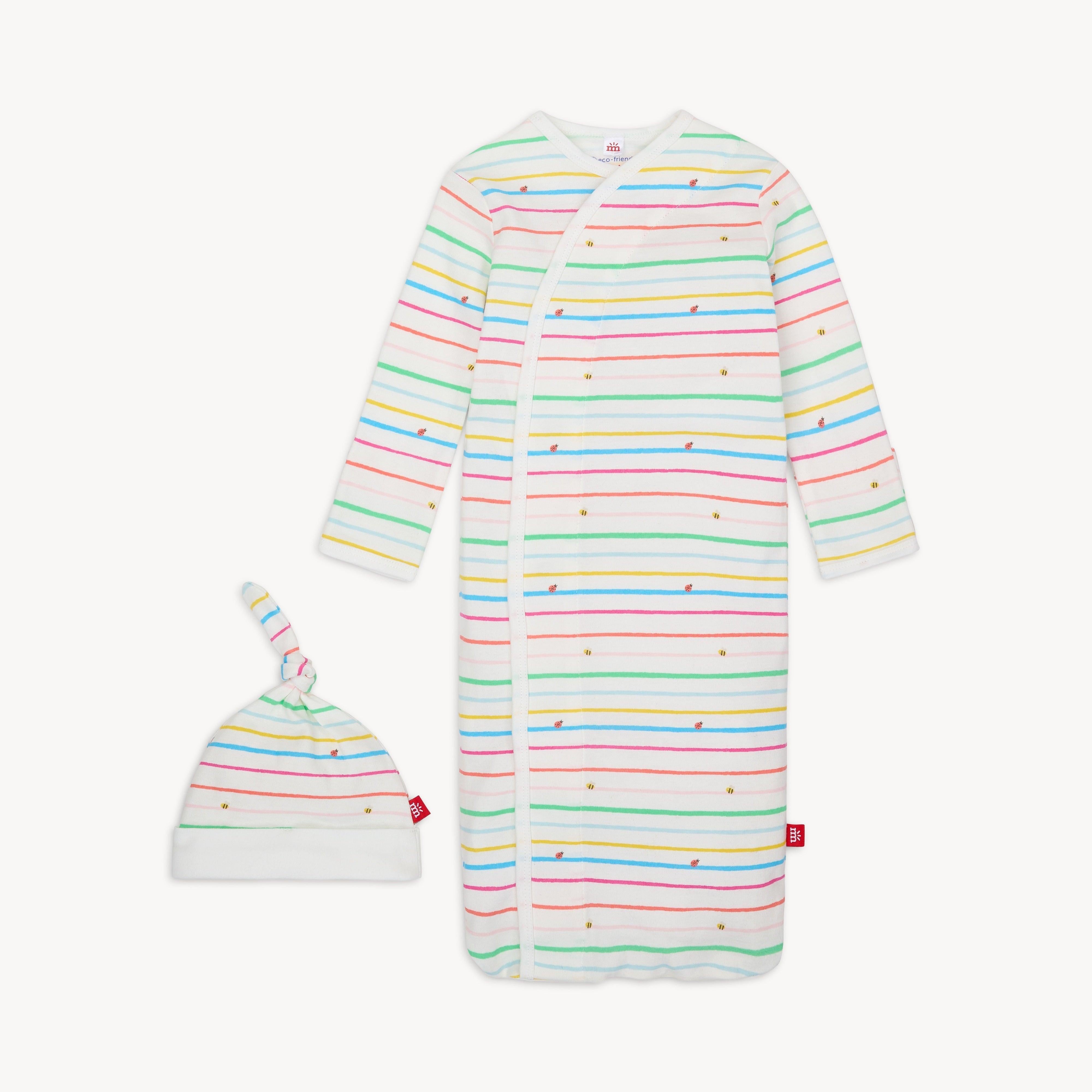 rainbow road organic cotton magnetic cozy sleeper gown + hat set - re-loved