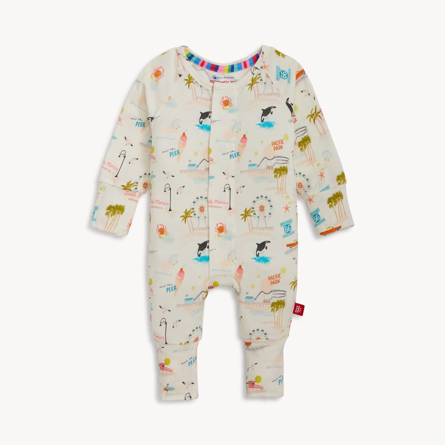 This long sleeve, convertible coverall showcases the playful Santa Monica pier and boardwalk illustrations on soft, eco-friendly fabric by Magnetic Me.