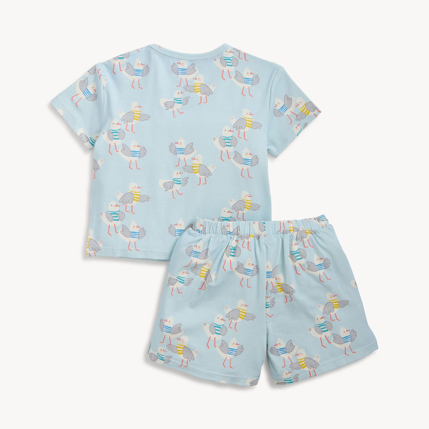 Back of A two-piece children's pajama set including a short-sleeved top and matching shorts in light blue with an all-over seagull sweater print, by Magnetic Me.