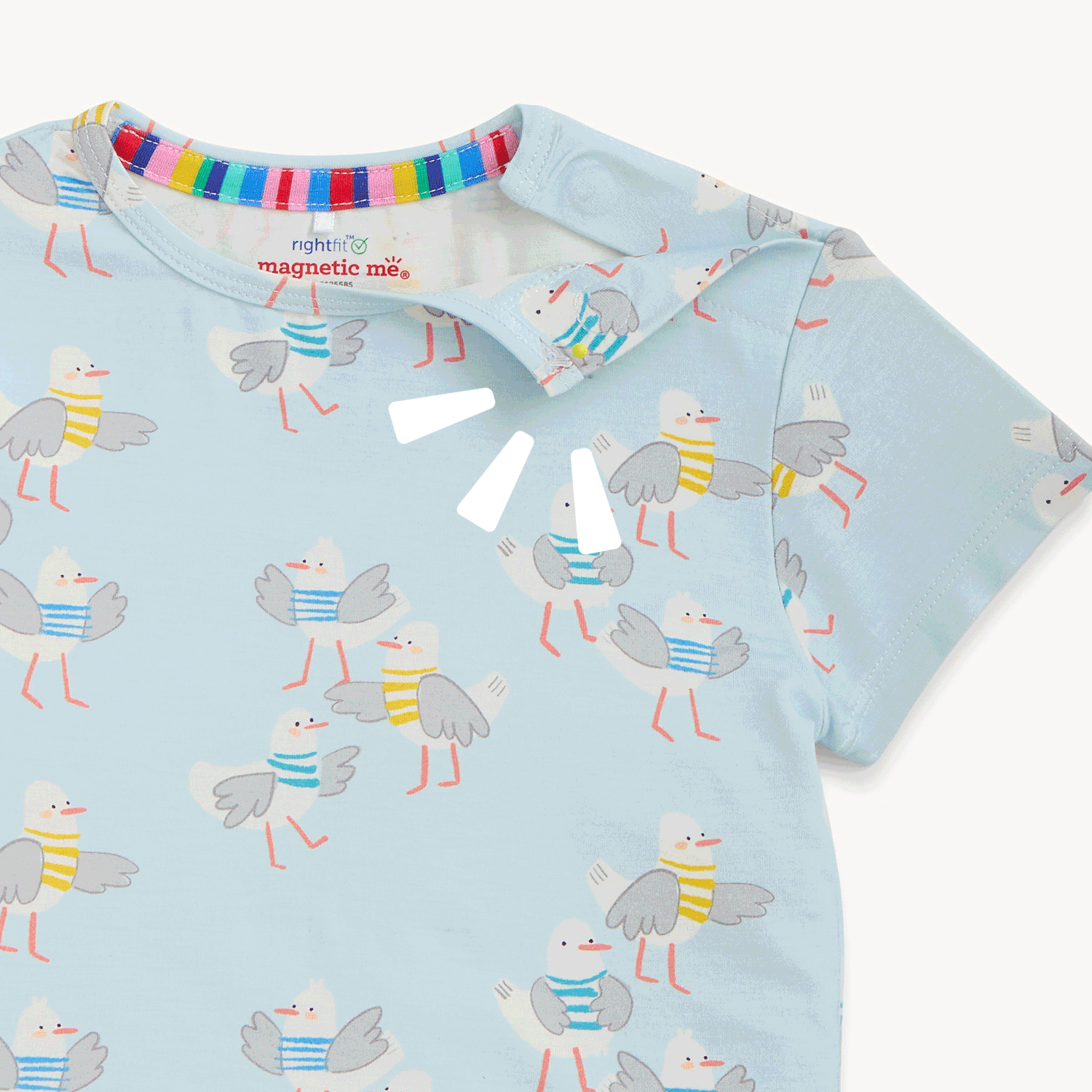 open and close magnet on the shoulder of A two-piece children's pajama set including a short-sleeved top and matching shorts in light blue with an all-over seagull sweater print, by Magnetic Me.