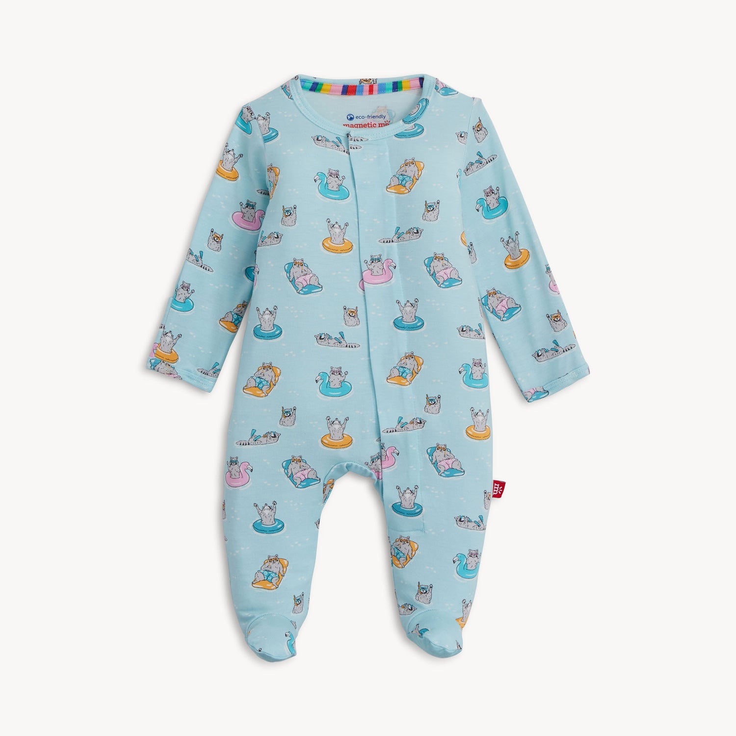 A long-sleeve light blue footie featuring a playful print of raccoons lounging on colorful pool floats and snorkeling, by Magnetic Me.