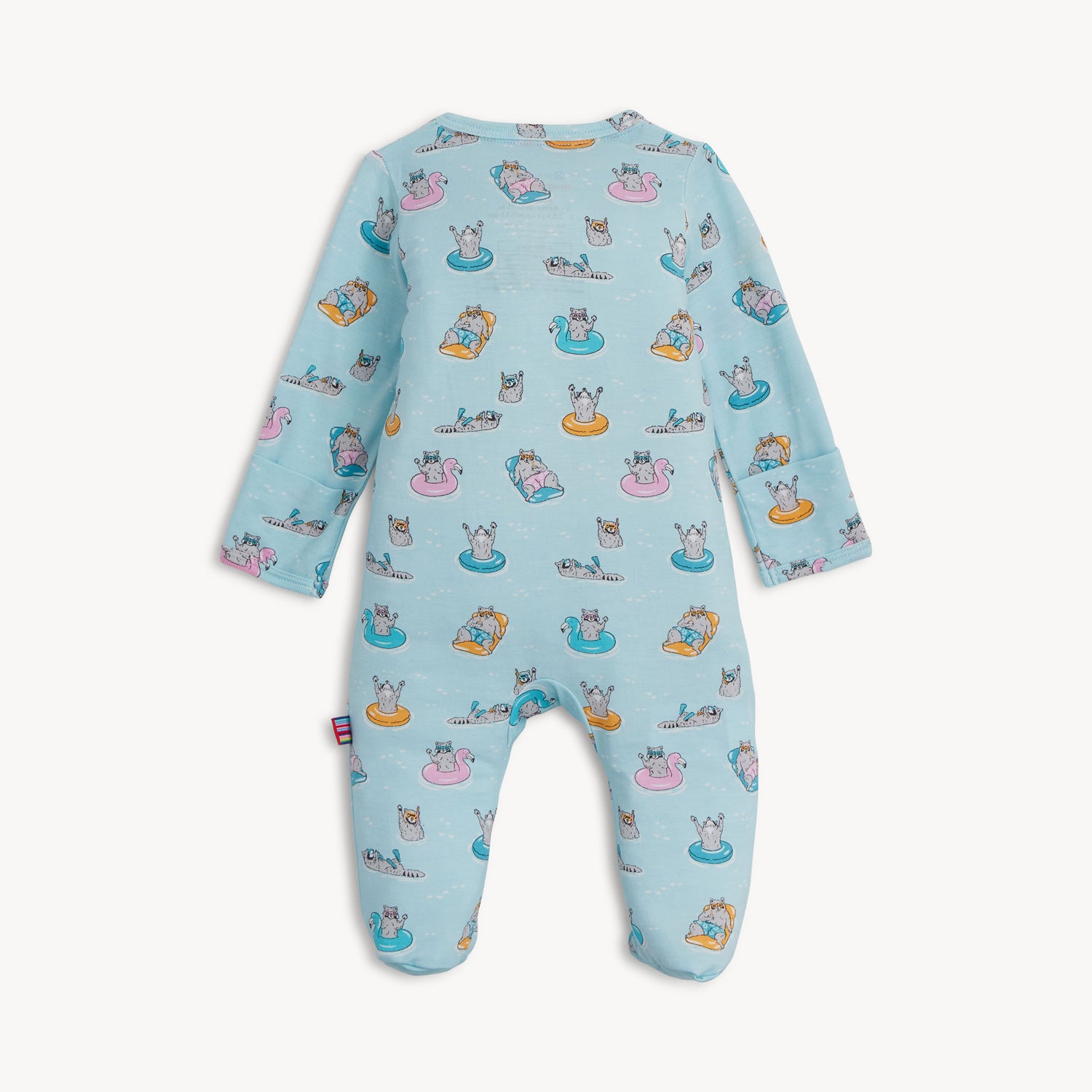 The back of a long-sleeve light blue footie featuring a playful print of raccoons lounging on colorful pool floats and snorkeling, by Magnetic Me.