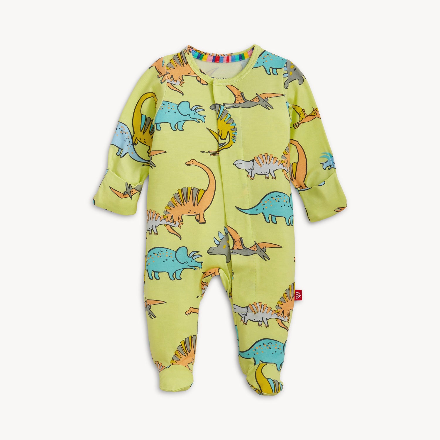 A long-sleeve footie in lime green featuring a colorful repeating print of various dinosaurs like triceratops and apatosaurus, by Magnetic Me.