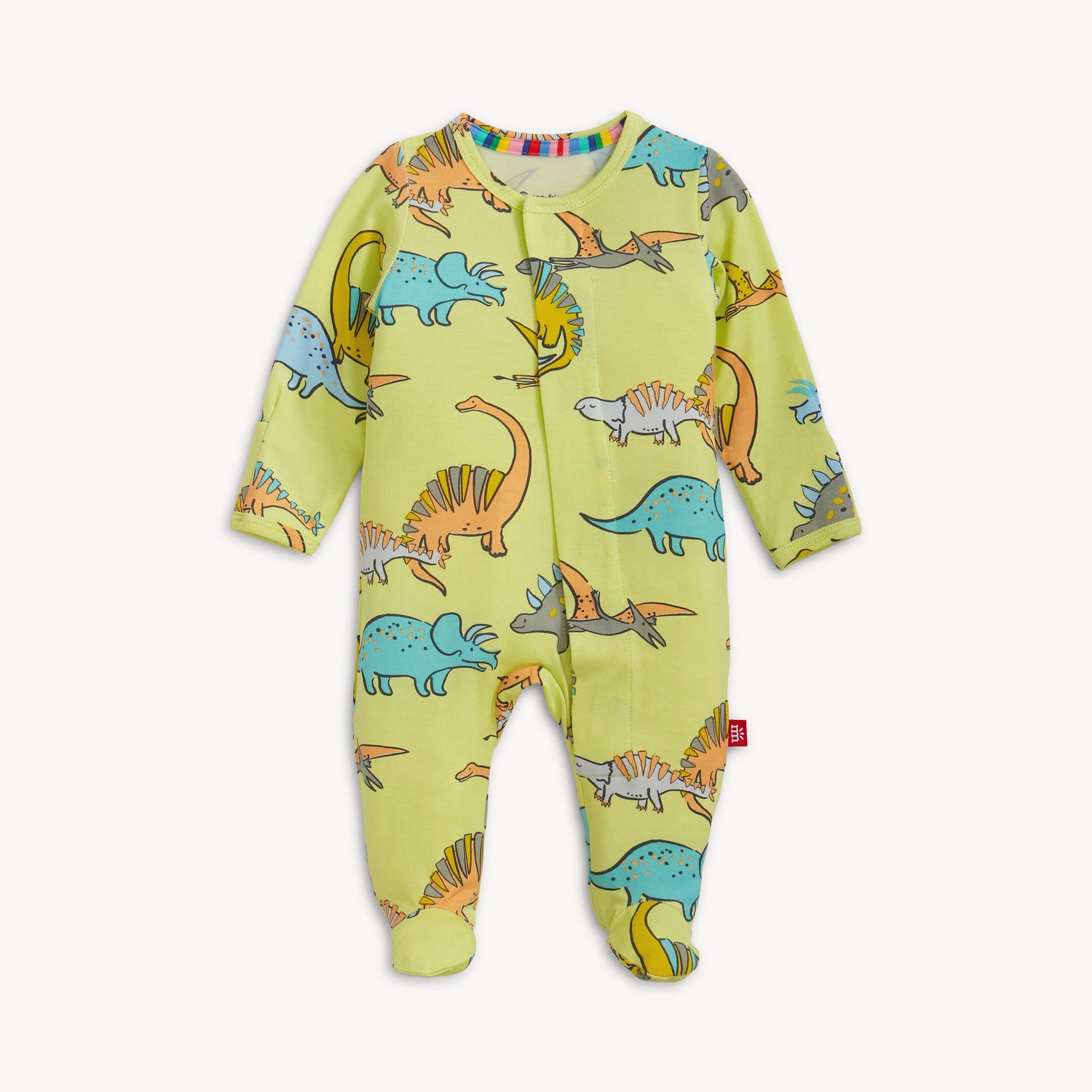 A long-sleeve footie in lime green featuring a colorful repeating print of various dinosaurs like triceratops and apatosaurus, by Magnetic Me.