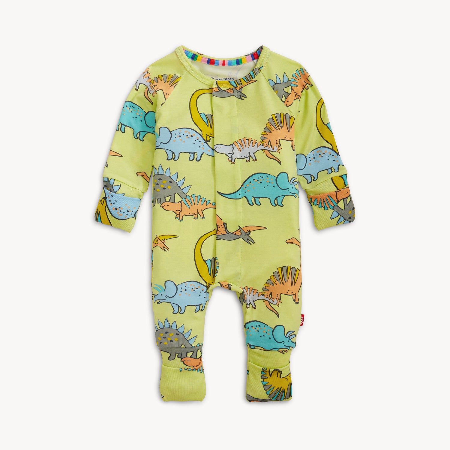 A lime green long-sleeve convertible coverall with a playful multi-colored dinosaur pattern and ribbed cuffs, by Magnetic Me.