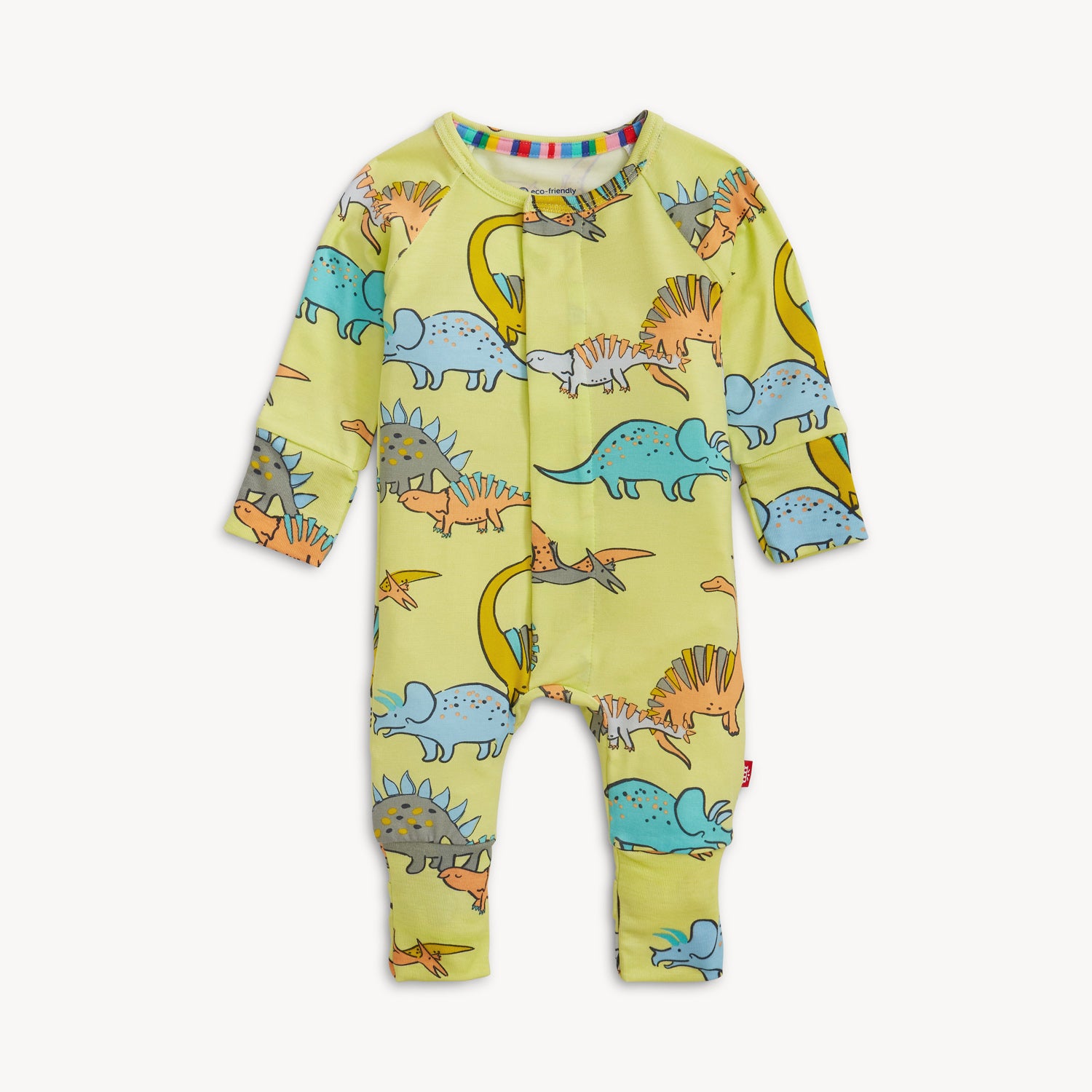A lime green long-sleeve convertible coverall with a playful multi-colored dinosaur pattern and ribbed cuffs, by Magnetic Me.