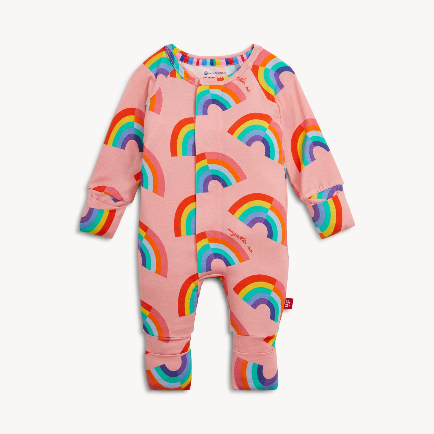 A pink long-sleeve convertible coverall decorated with a colorful all-over rainbow print and ribbed cuffs, by Magnetic Me.