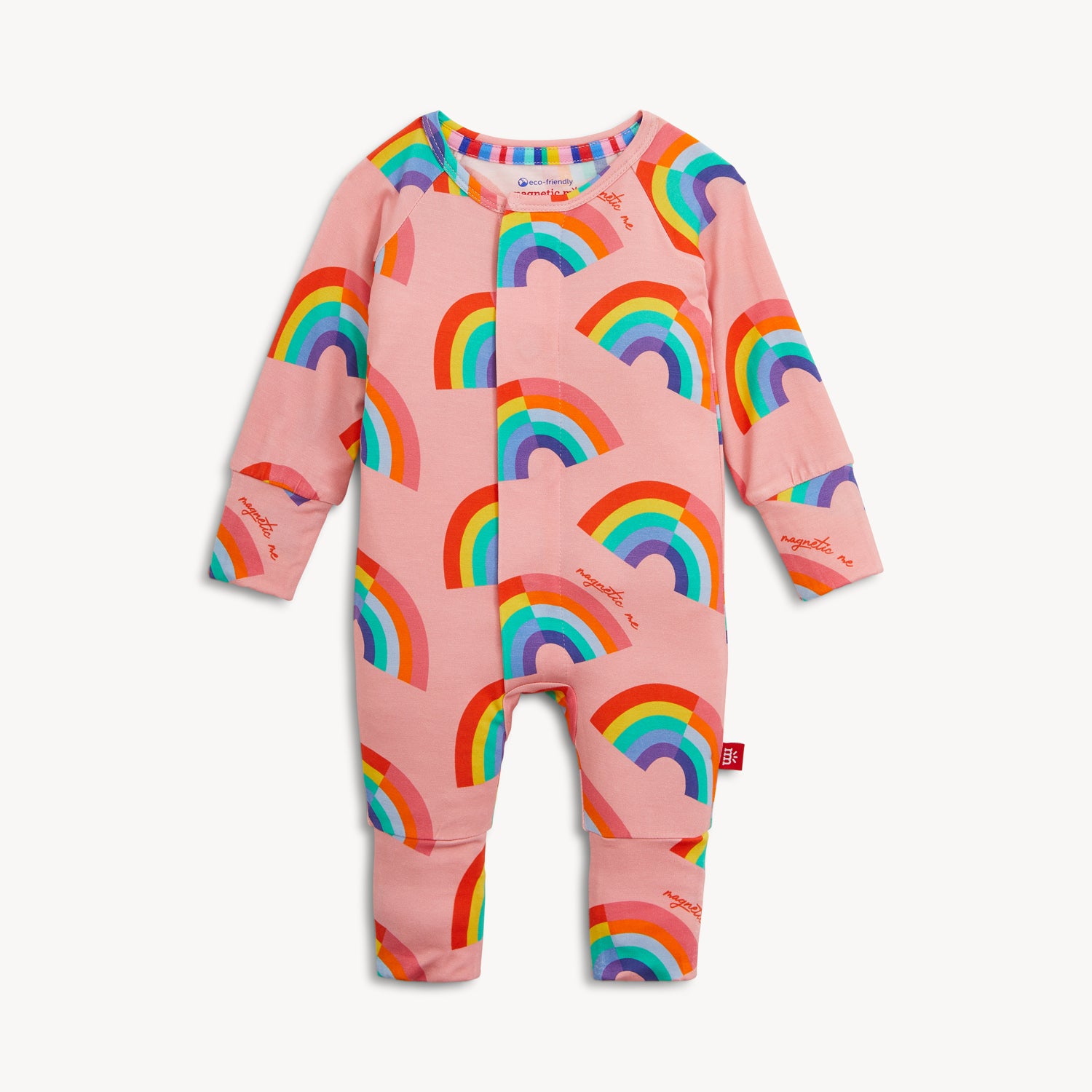 A pink long-sleeve convertible coverall decorated with a colorful all-over rainbow print and ribbed cuffs, by Magnetic Me.