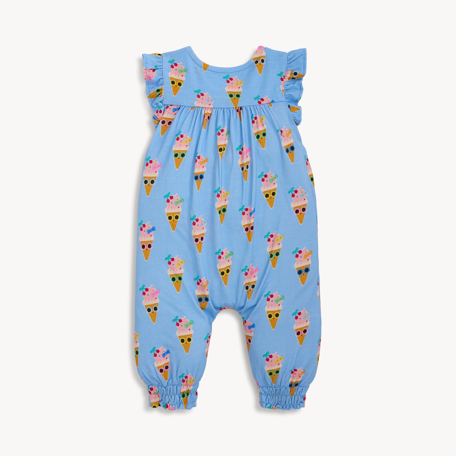 Back of the cornflower blue sleeveless romper with ruffled flutter sleeves and cinched leg openings, featuring a charming ice cream cone character print, by Magnetic Me.