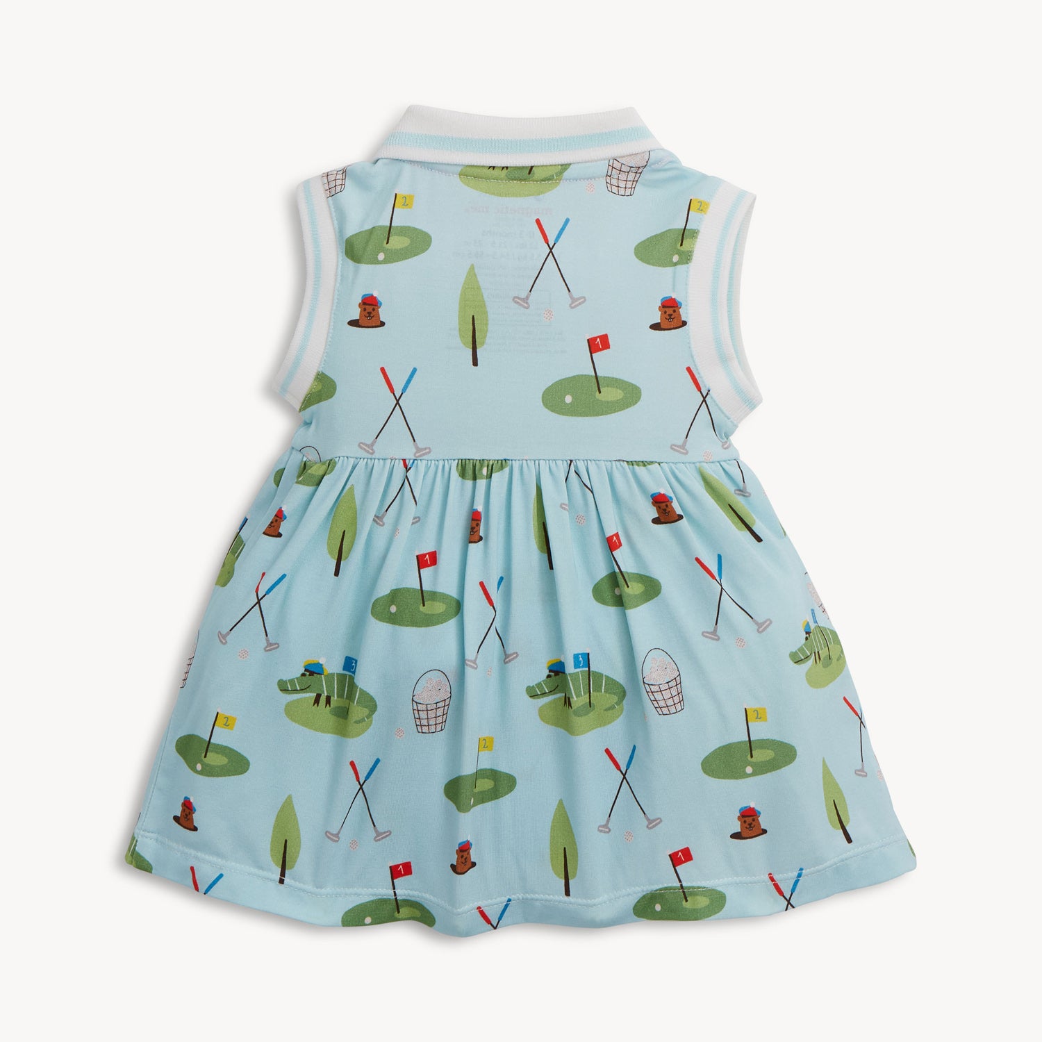 Back of A light blue whimsical golf-themed print featuring gophers in berets, alligators on putting greens, and numbered flags by Magnetic Me.