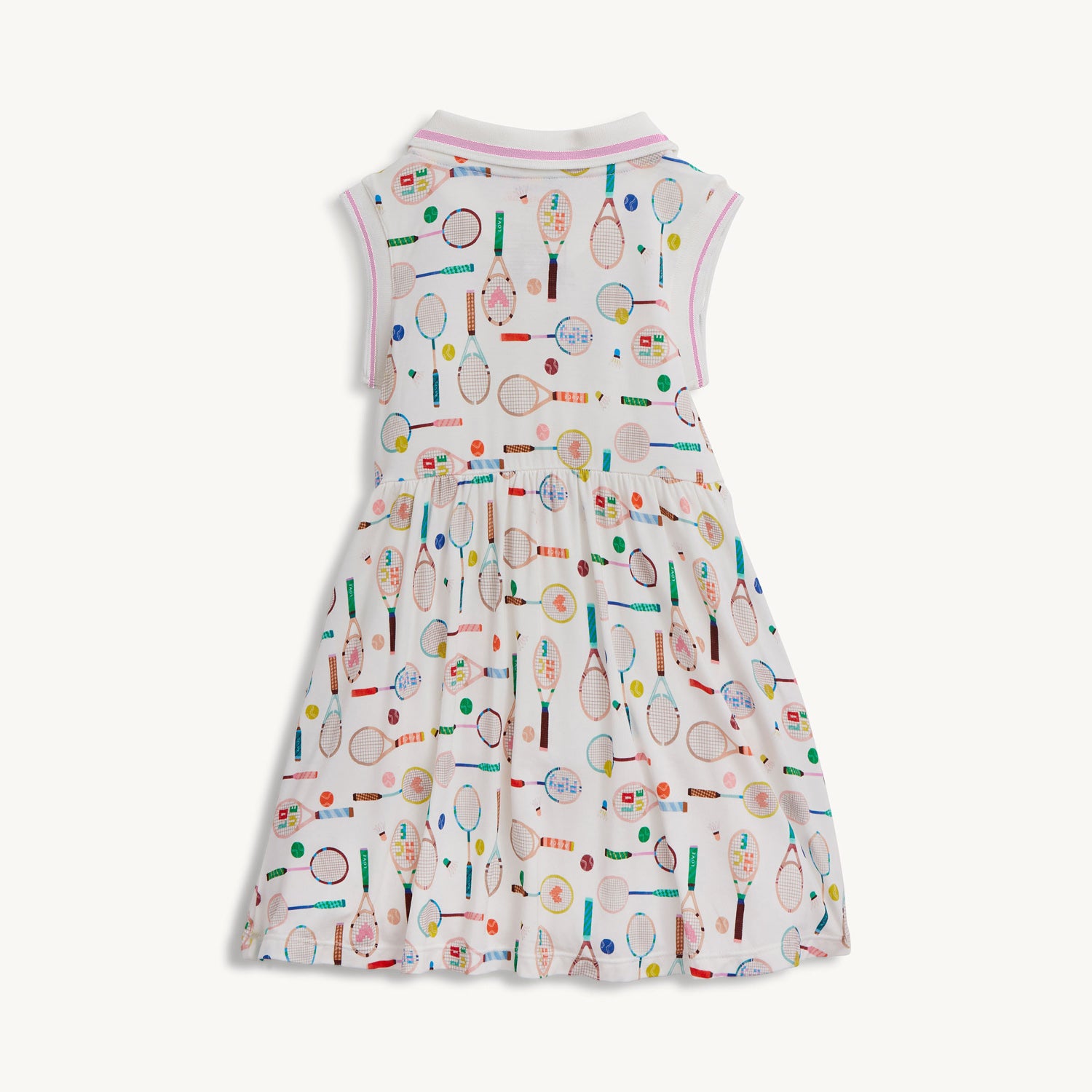 Back of the cream sleeveless polo dress with a pink and white striped collar, decorated with a whimsical pattern of multi-colored tennis and badminton equipment, by Magnetic Me.